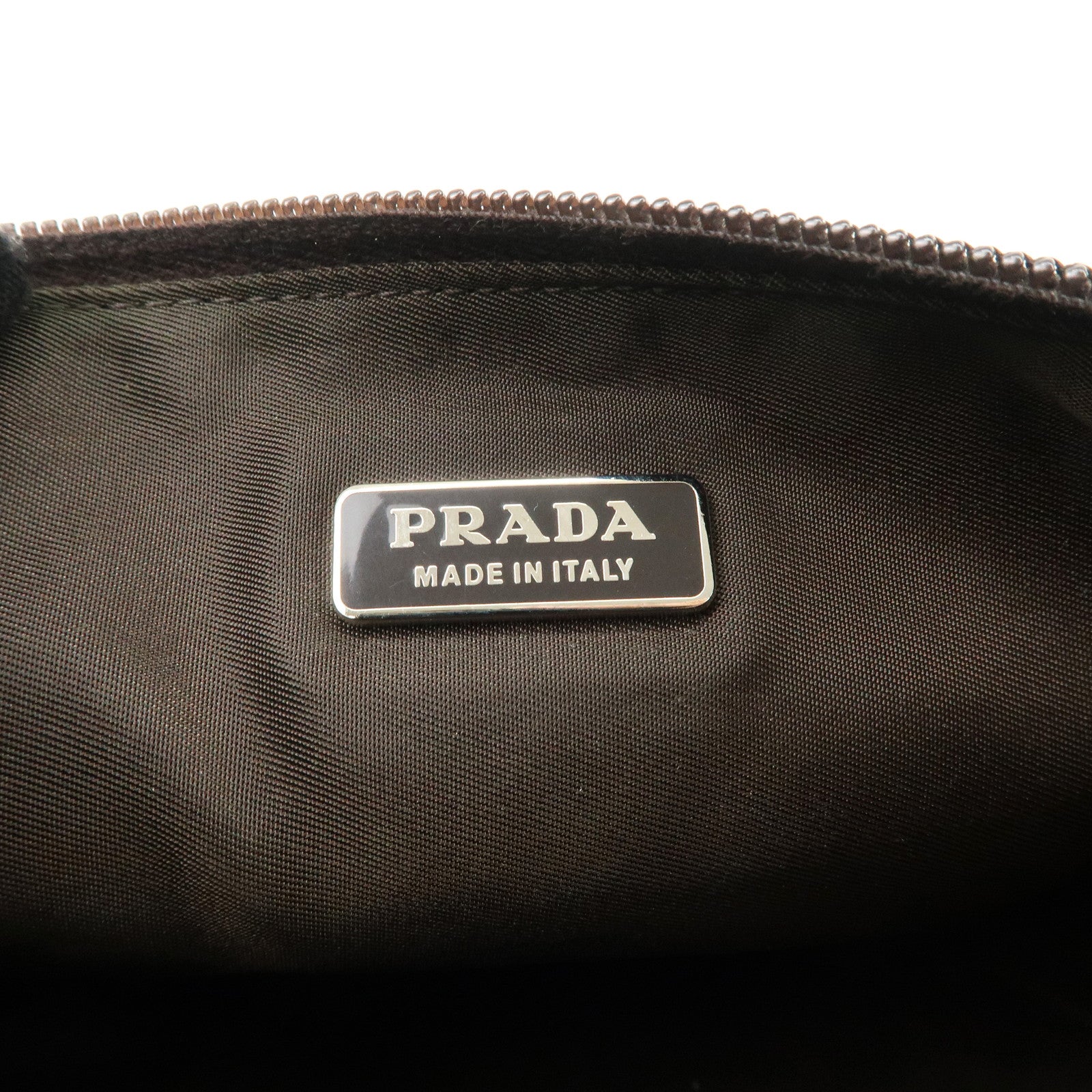 PRADA Triangle Logo Nylon Leather Accessory Pouch Hand Bag Khaki Silver HDW Used