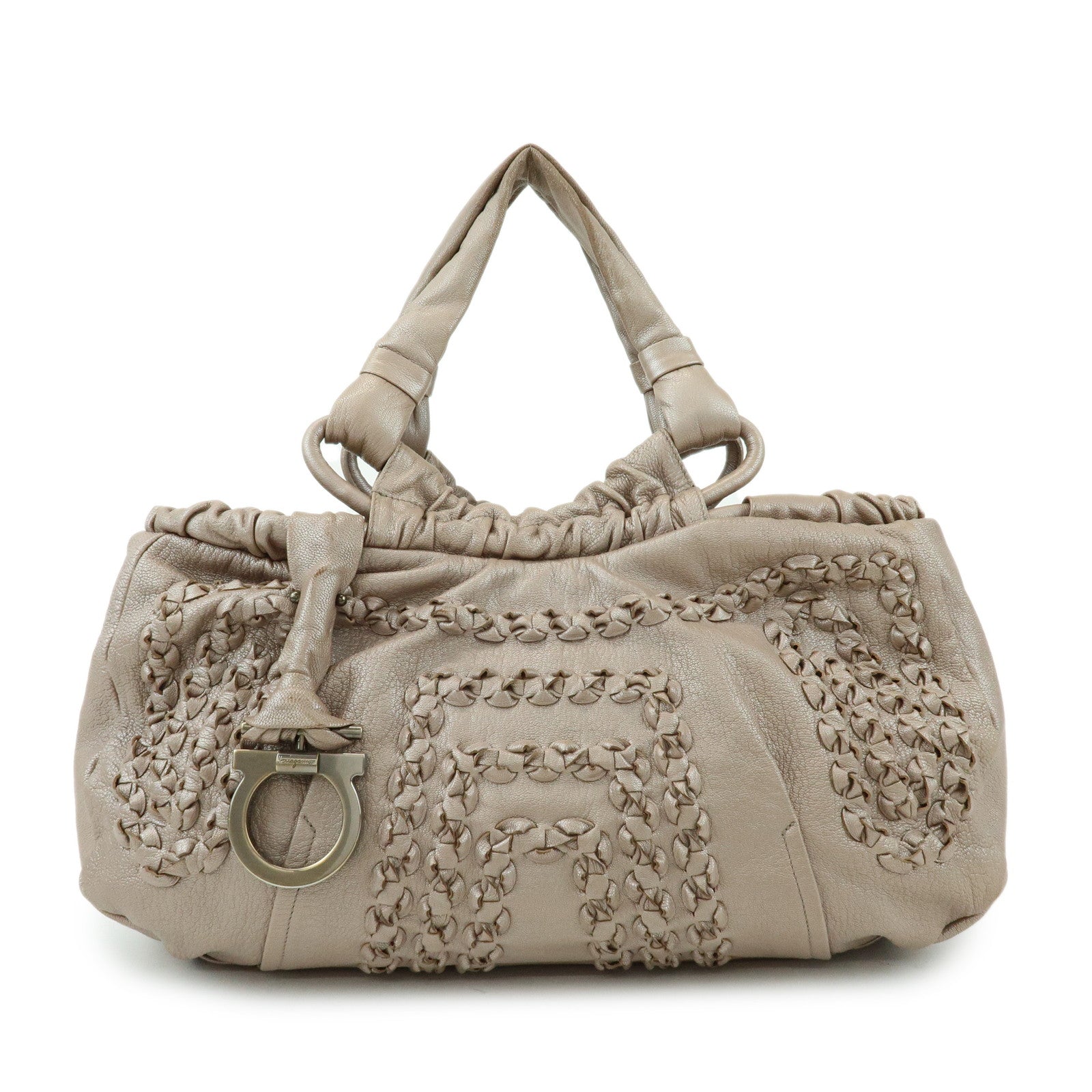 Ferragamo Gancini Leather Hand Bag Shoulder Bag Braid Pink Beige