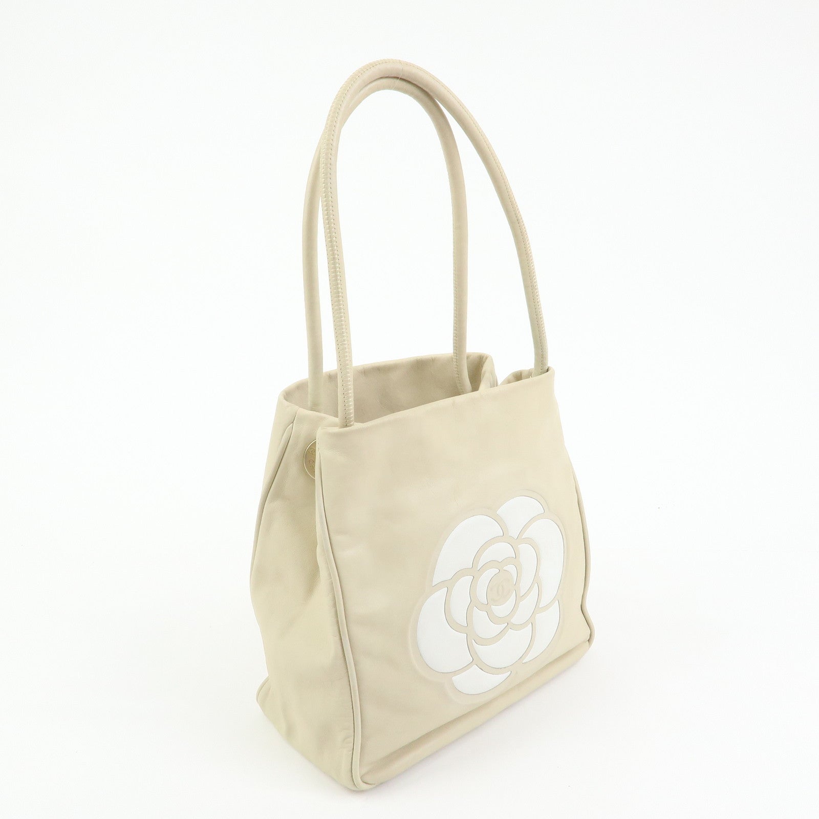 CHANEL Logo Camellia Leather Tote Bag Shoulder Bag Beige A20856
