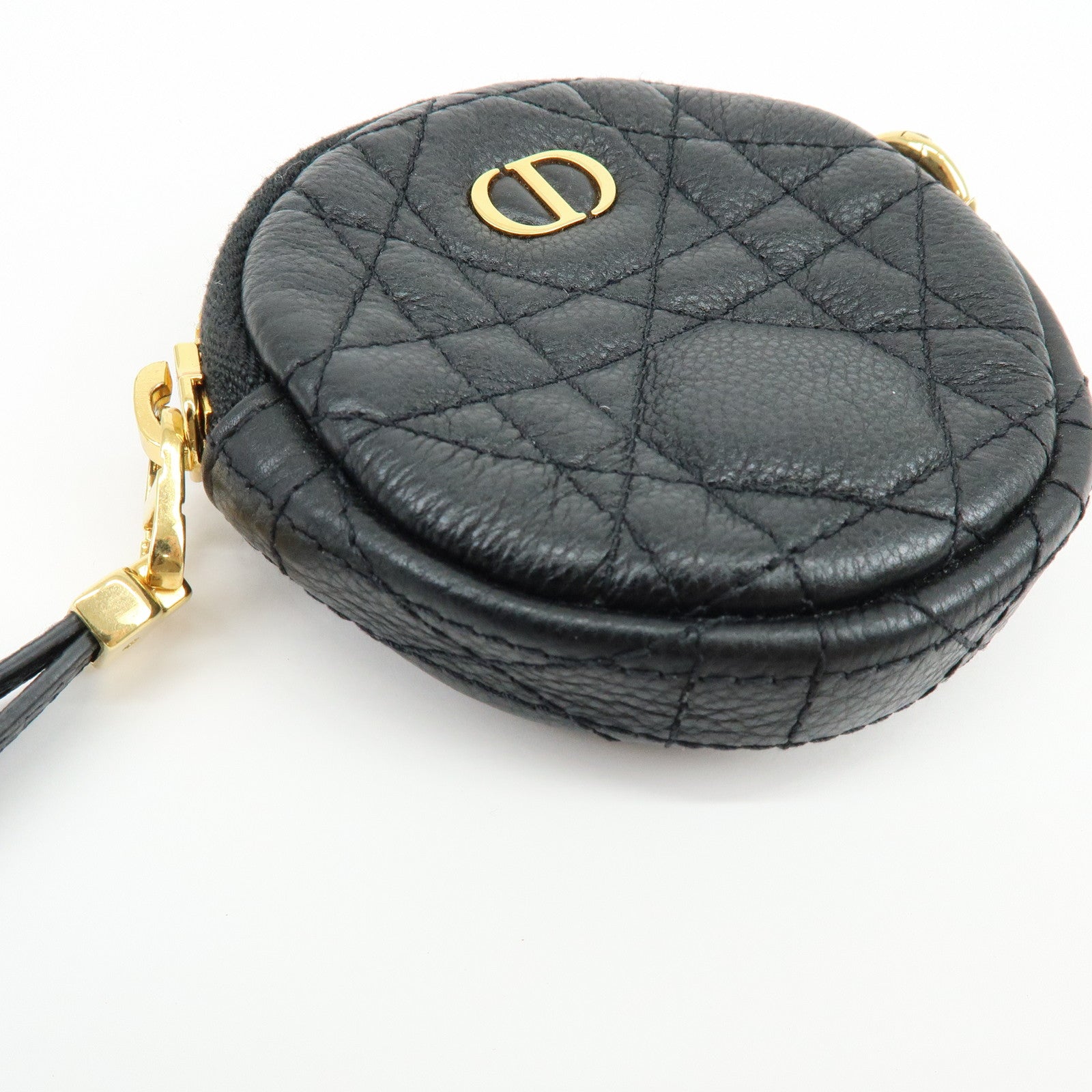 Christian Dior Caro Cannage Calf Skin Round Coin Case Bag Charm Black