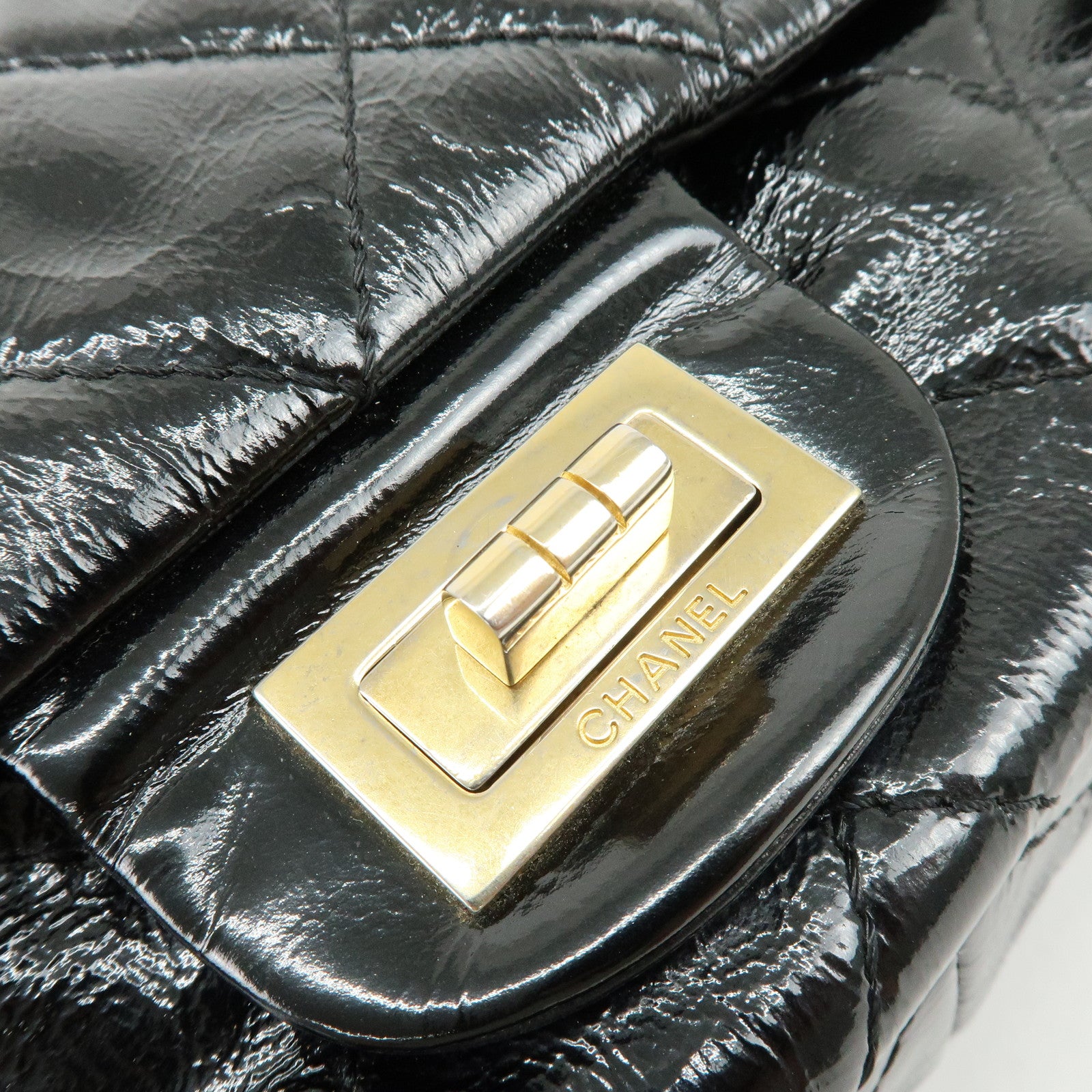 CHANEL 2.55 Patent Leather Chain Shoulder Bag Turn Lock Black