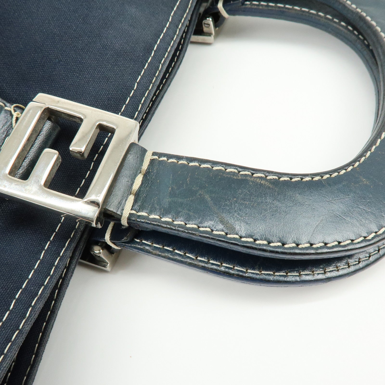 FENDI Canvas Leather Tote Bag Hand Bag White Stitch Navy 26693