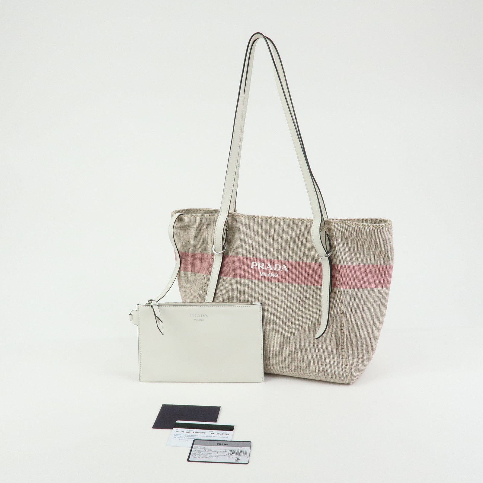 PRADA Logo Canvas Leather Tote Bag Shoulder Bag Natural Pink