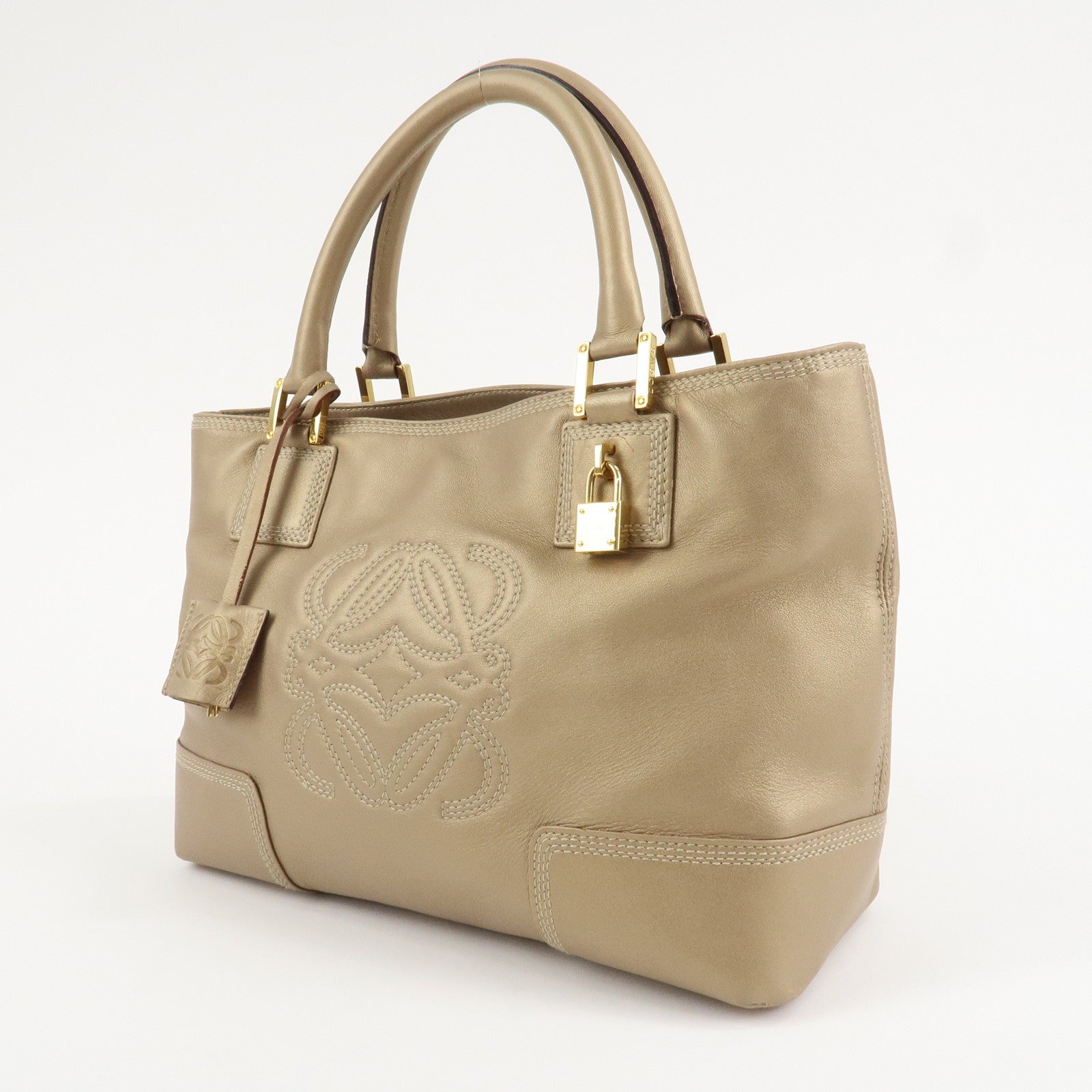 LOEWE Amazona Anagram Leather Fusta Tote Bag Hand Bag Beige Used