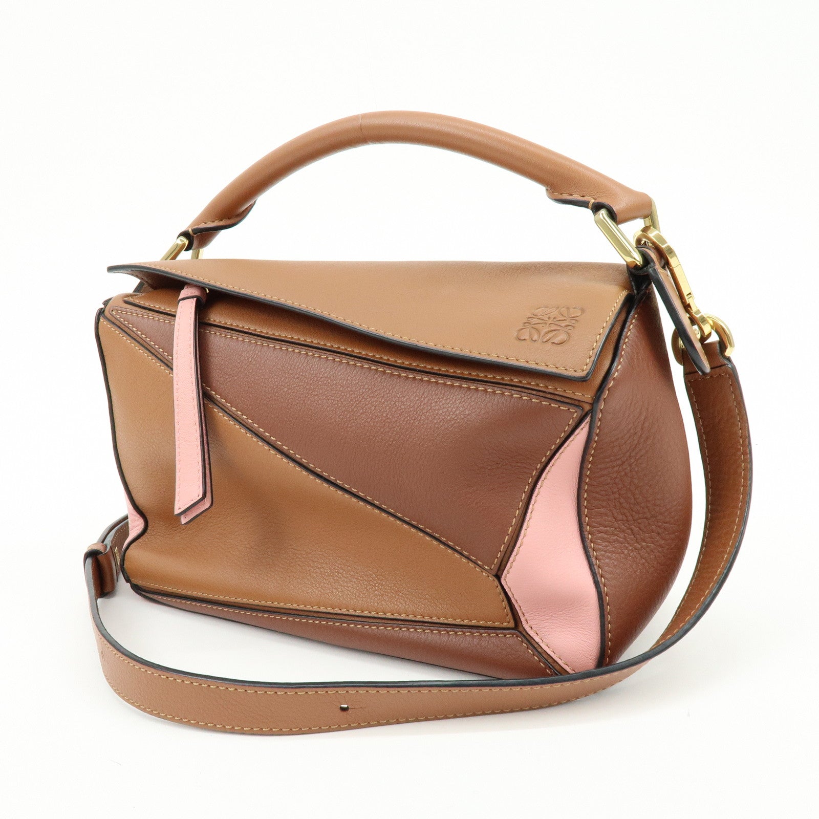 LOEWE Puzzle Bag Anagram Calf Skin Medium 2Way Bag Brown Pink Camel