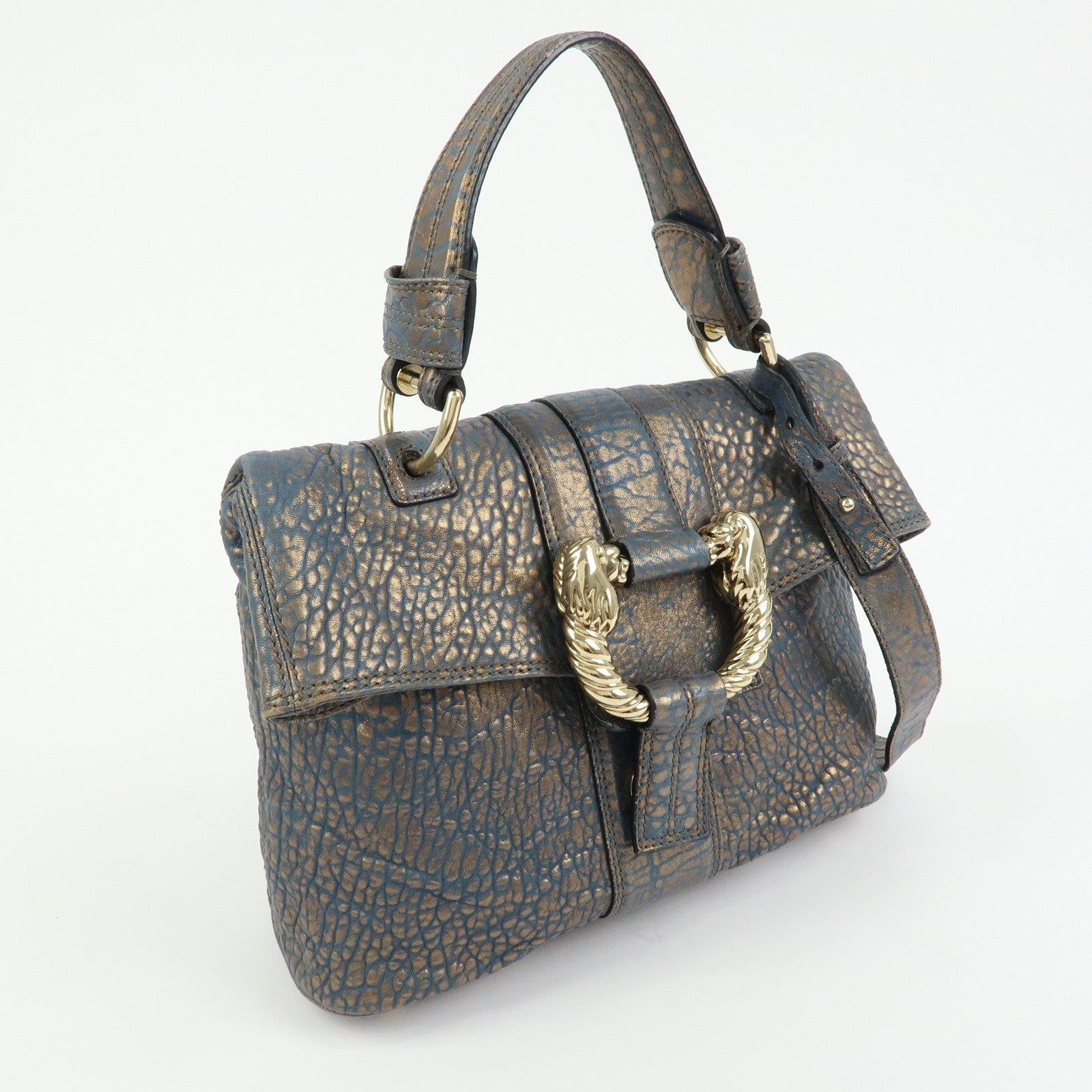 BVLGARI Leoni Leather Top Handle 2Way Bag Shoulder Bag Blue Bronze
