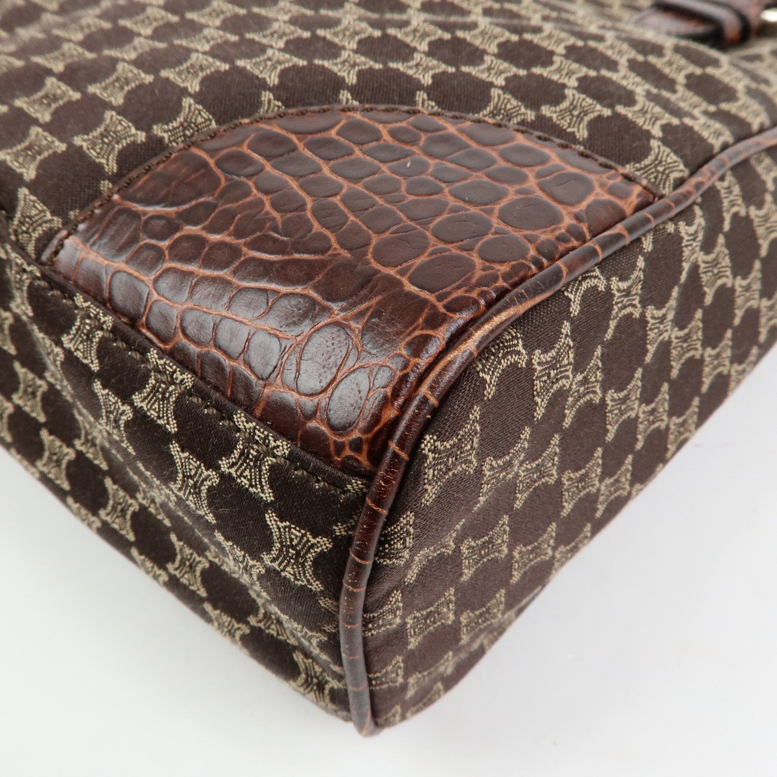 CELINE Macadam Embossed Leather Canvas Tote Bag Hand Bag Brown
