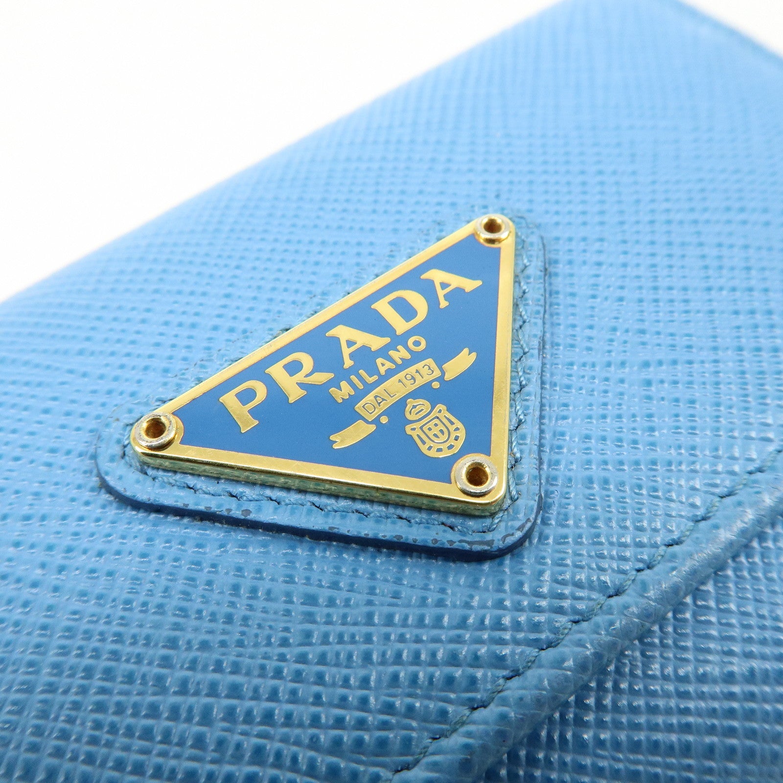 PRADA Triangle Log Saffiano Leather Key Case Key Holder Blue