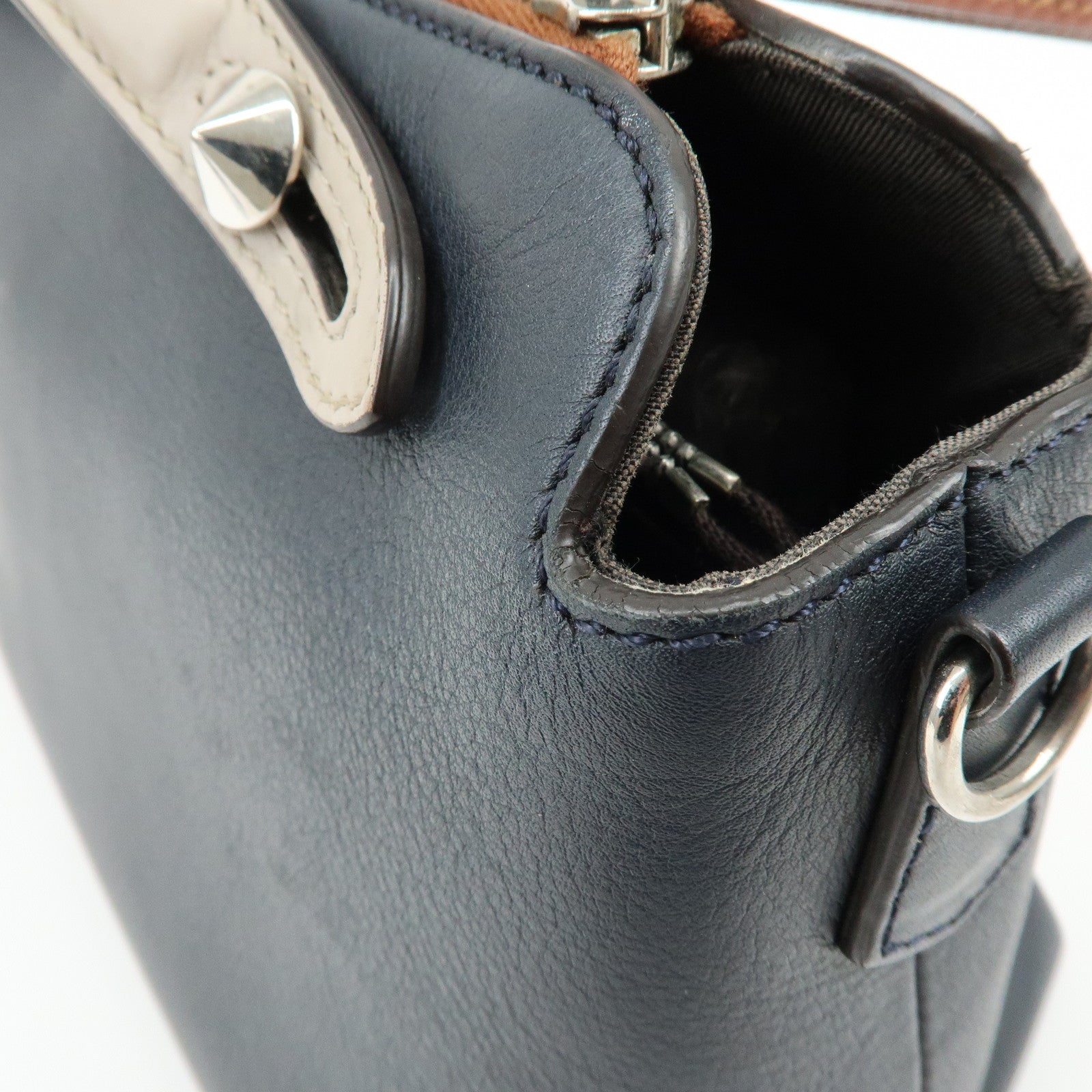 FENDI By The Way Medium Leather 2Way Hand Shoulder Bag Navy 8BL124