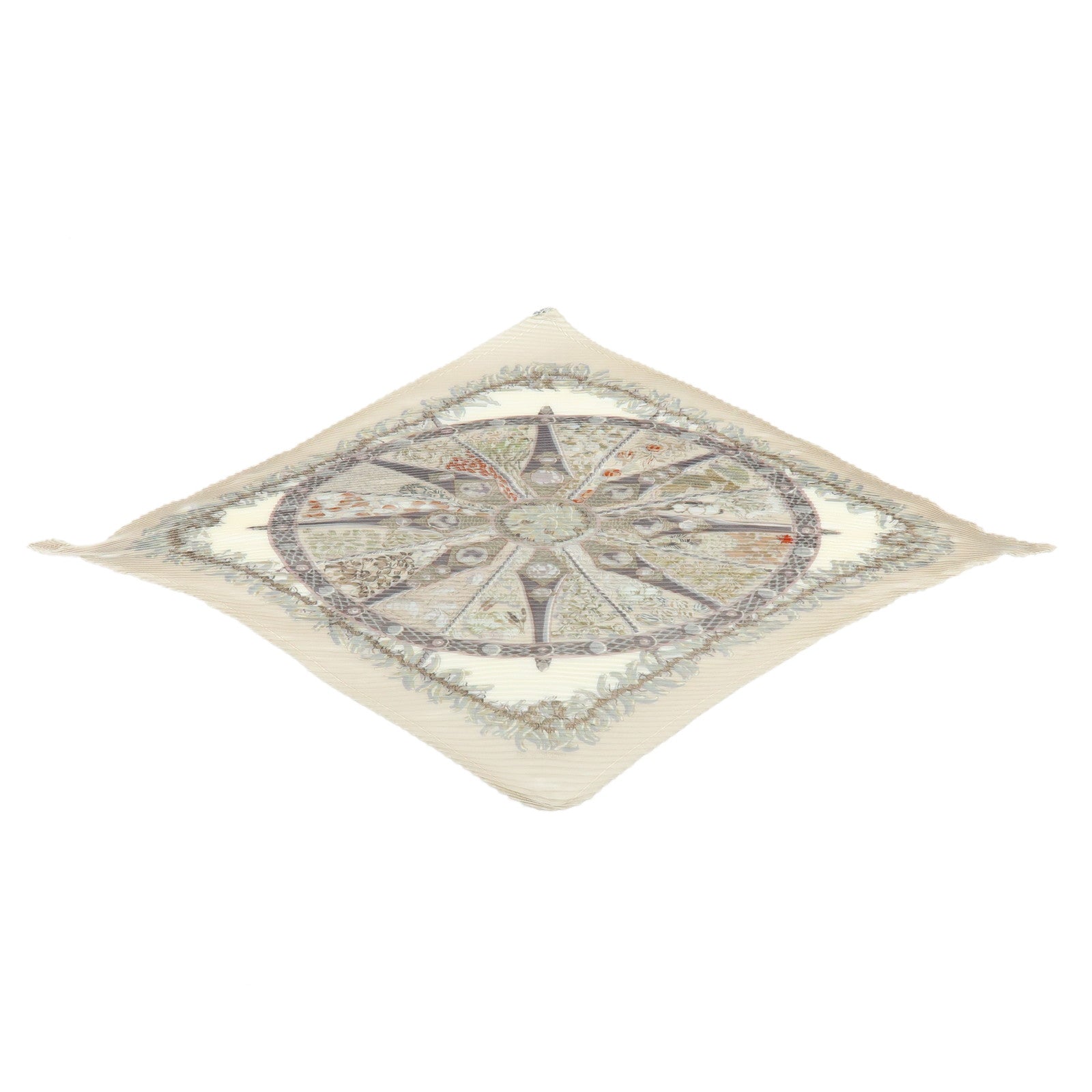 HERMES Pleated Carre 90 Silk 100% Scarf AUXPAYS DES EPICES Ivory Beige