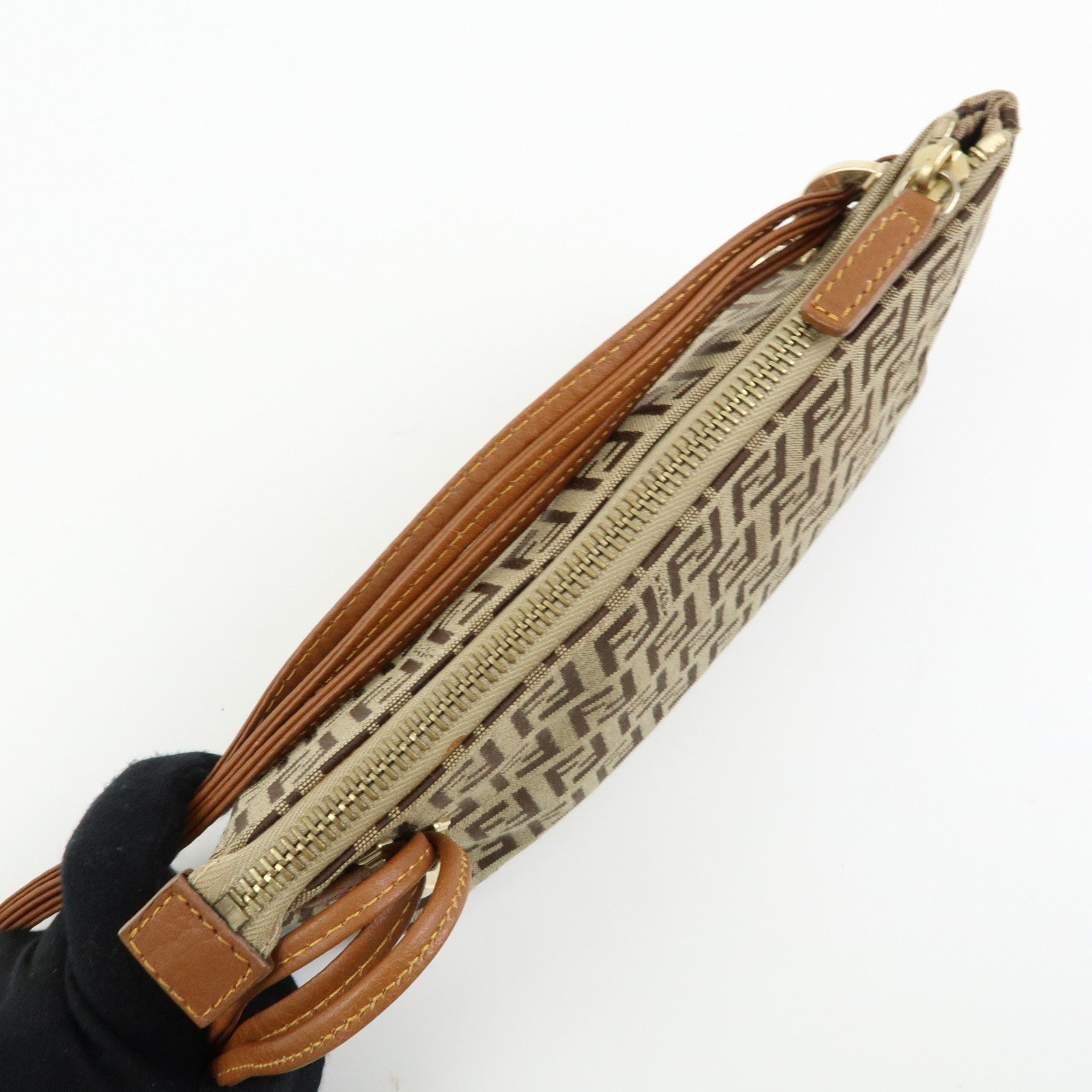 FENDI Zucchino Canvas Leather Hand Bag Accessory Pouch Beige 8BR513