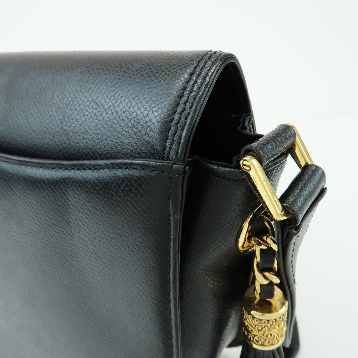 VALENTINO V Logo Leather Shoulder Bag Crossbody Bag Tassel Charm Black
