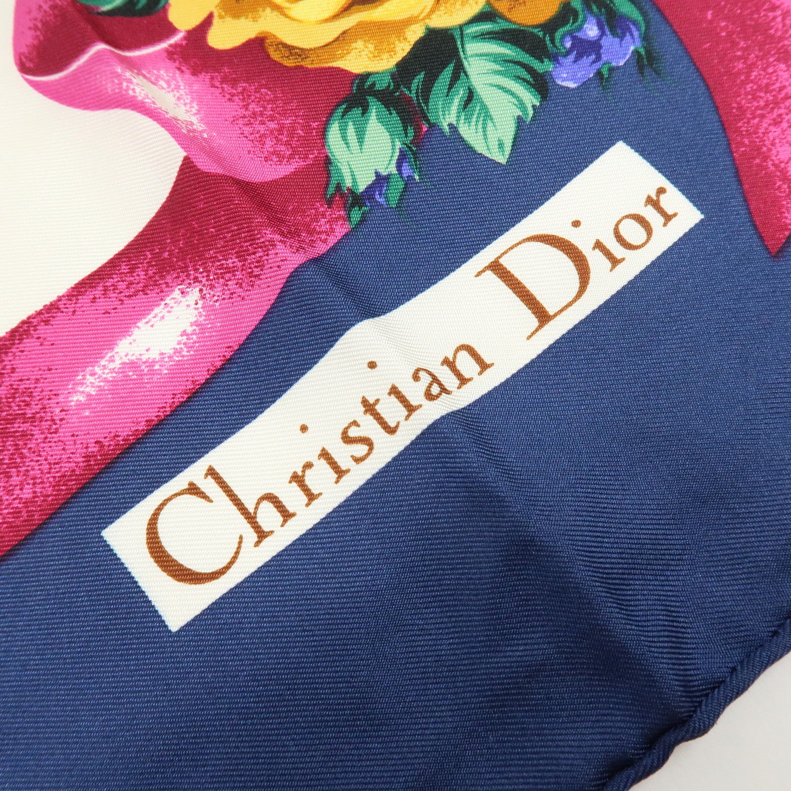 Christian Dior Silk 100% Scarf Flower Wheat Motif Navy Purple Gold