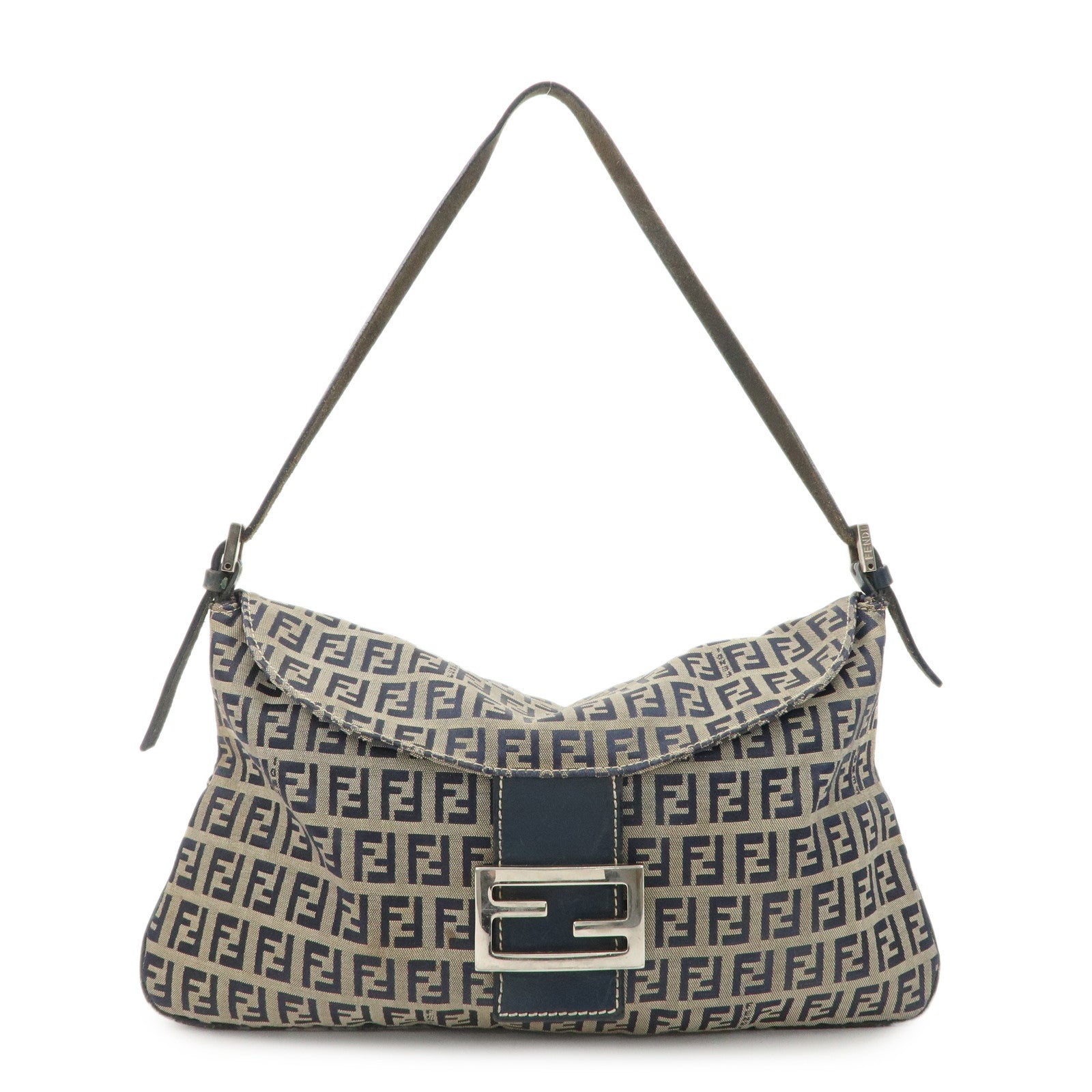 FENDI Zucchino Canvas Leather Shoulder Bag Hand Bag Grey Navy 26796 Used