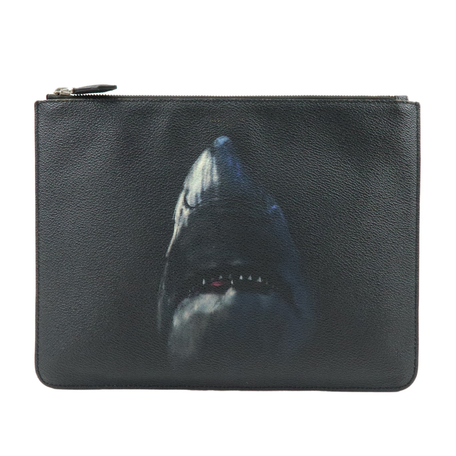 GIVENCHY Shark Print Leather Clutch Bag Flat Pouch Black