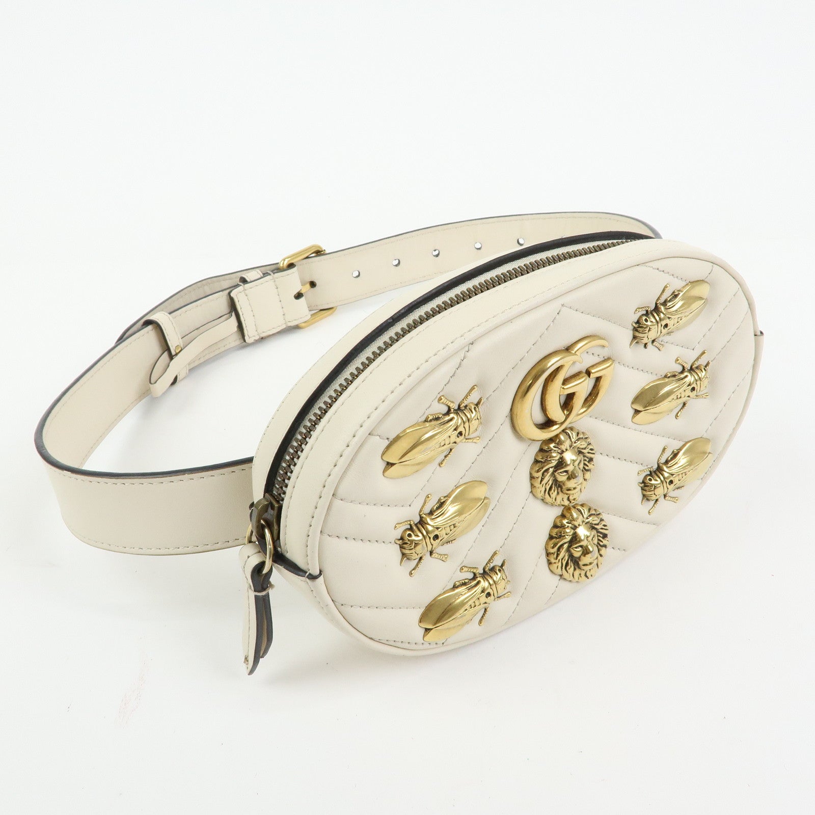 GUCCI GG Marmont Leather Waist Bag Lion Cicada Ivory 476434