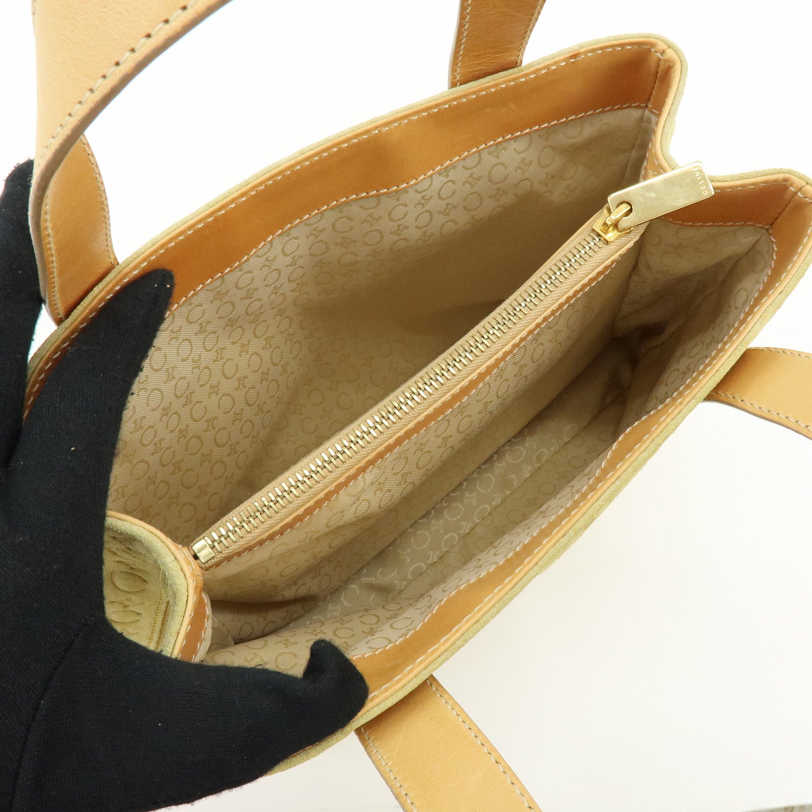 CELINE C Macadam Suede Leather Hand Bag Tote Bag Light Green