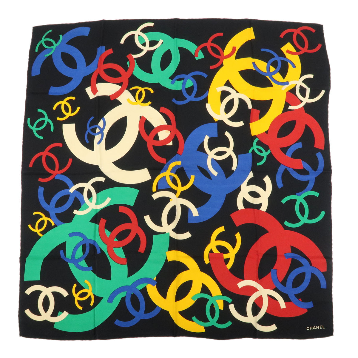 CHANEL COCO Mark Silk 100% Scarf Shawl Black Multicolor