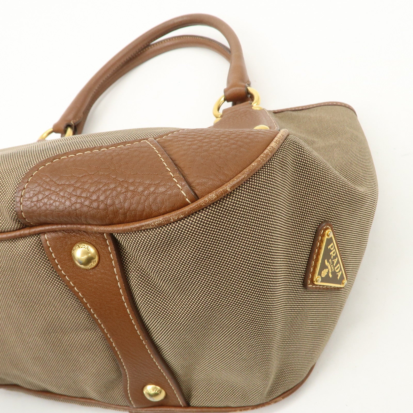 PRADA Logo Jacquard Leather Tote Bag Hand Bag Brown BR4635 Used