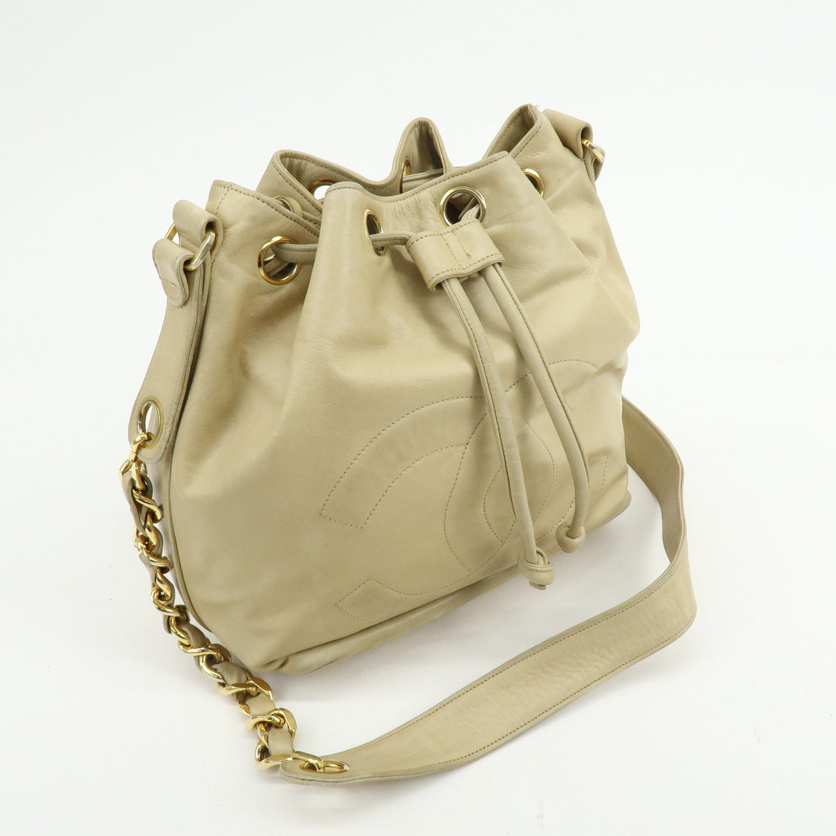 CHANEL Lamb Skin Bucket Chain Shoulder Bag Beige A01349