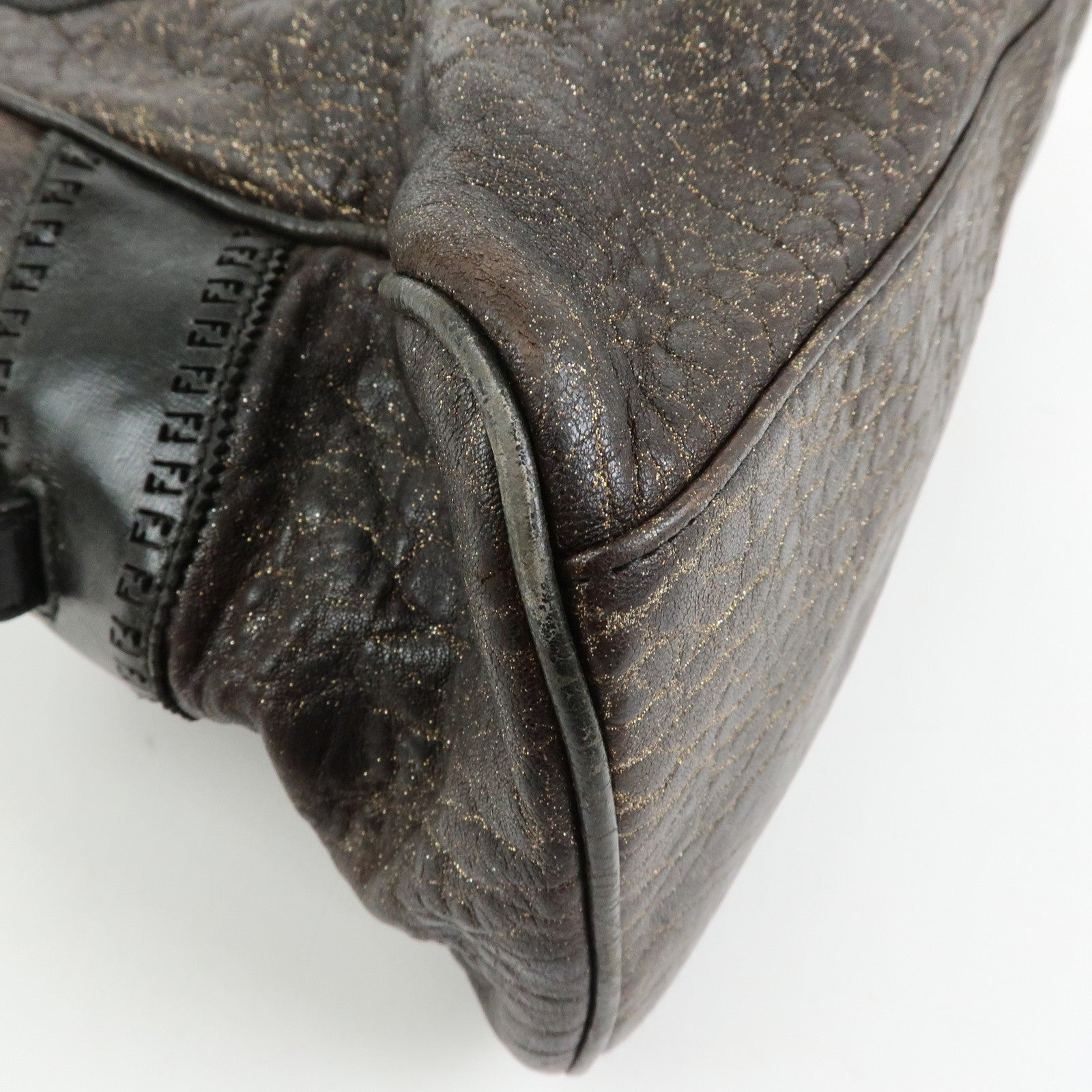 FENDI Etnico Embossed Leather Tote Bag Shoulder Bag Brown Gold 8BN162