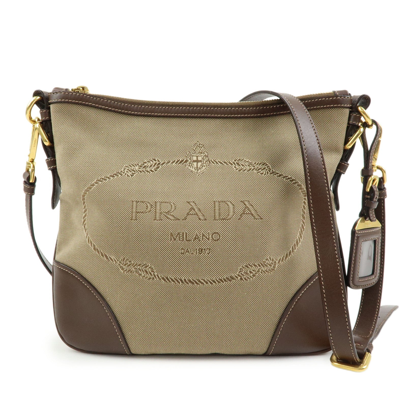 PRADA Jacquard Canvas Leather Shoulder Bag Crossbody Bag Beige Brown