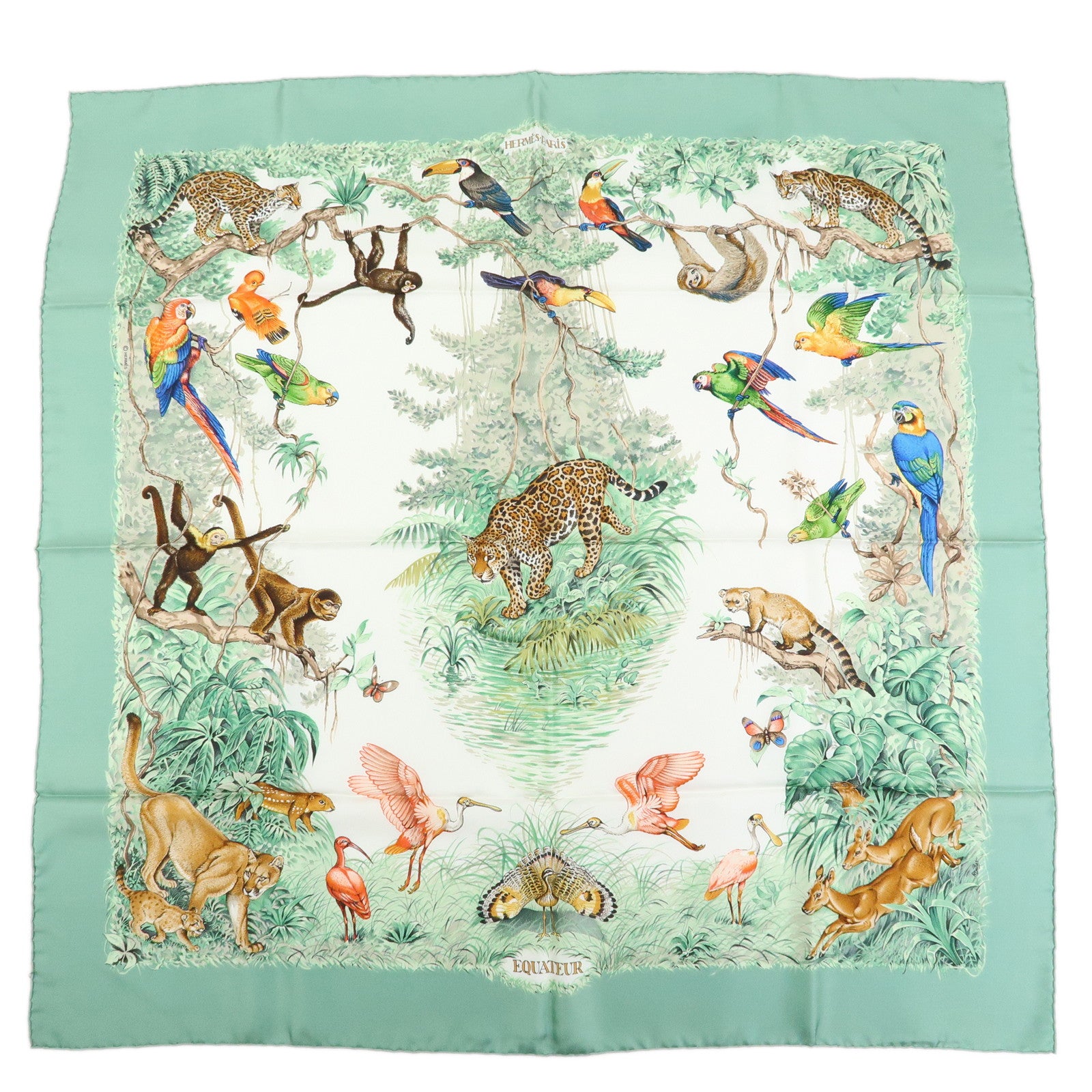 HERMES Carre 90 Silk 100% Scarf EQUATEUR Light Green Brown White