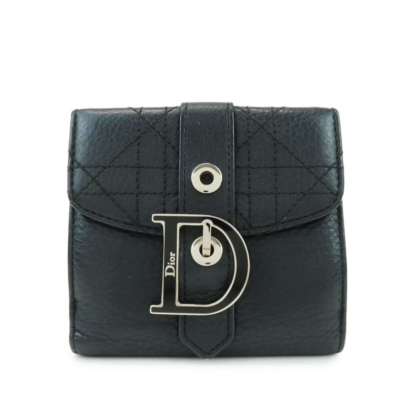 Christian Dior Cannage D Logo Leather Bi-fold Compact Wallet Black