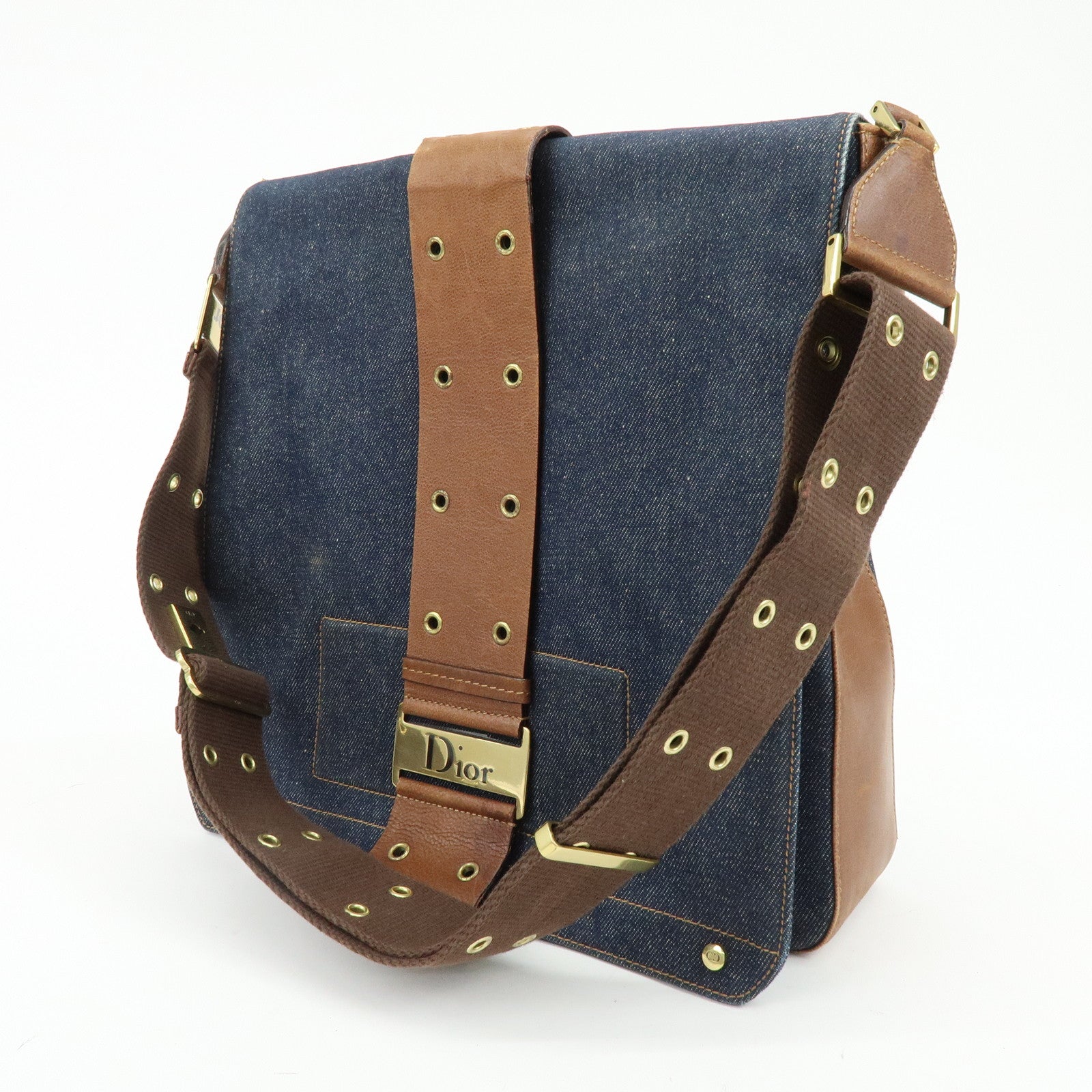 Christian Dior Street Chic Denim Leather Shoulder Bag Indigo Blue Brown