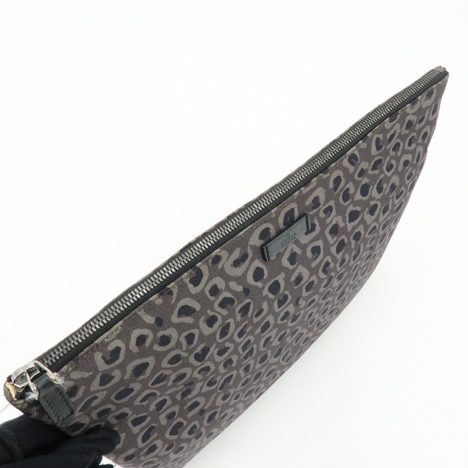 GUCCI Canvas Leather Clutch Bag Leopard Grey Black 353478