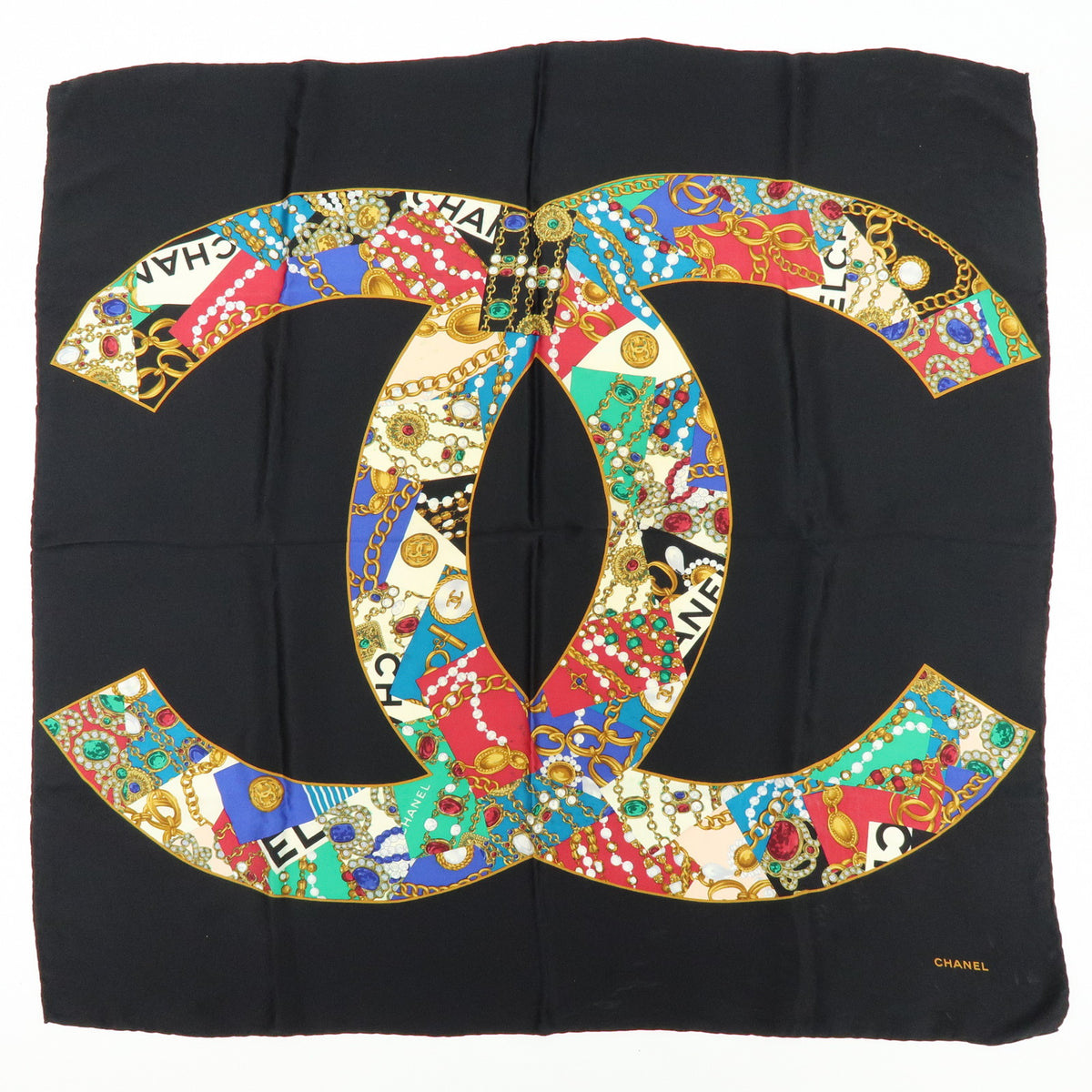CHANEL Lot of 2 Silk 100% Scarf Flower Jewelry Motif Black Gold