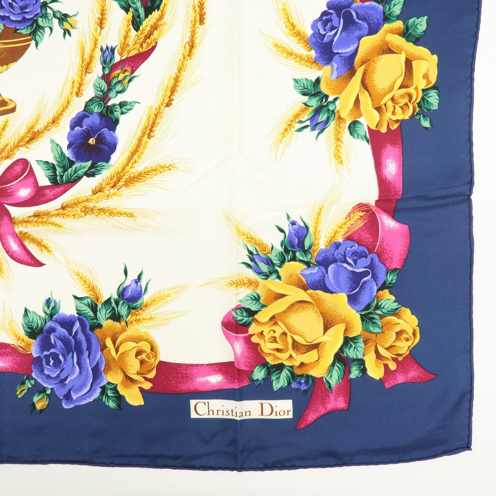 Christian Dior Silk 100% Scarf Flower Wheat Motif Navy Purple Gold