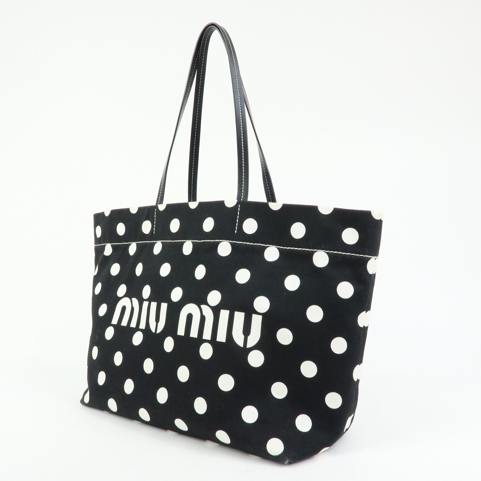 MIU MIU Logo Canvas Leather Polka Dots Tote Shoulder Bag Black 5BG234