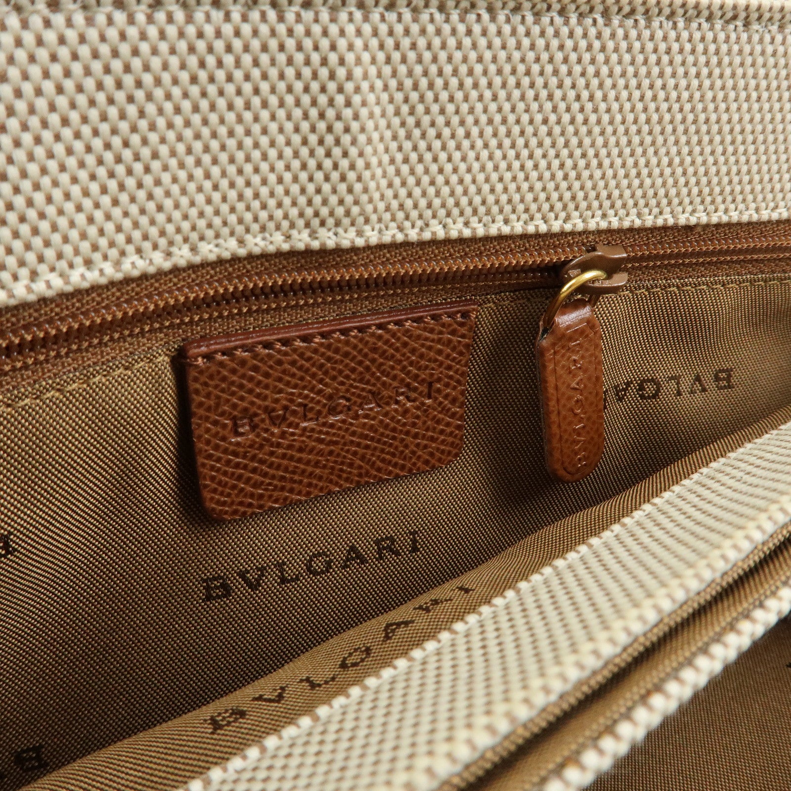 BVLGARI Canvas Leather Flap Shoulder Hand Bag Beige Brown