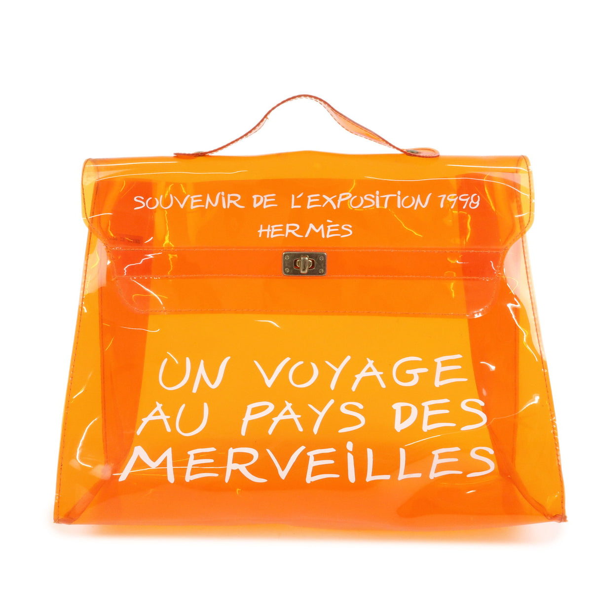 HERMES Vinyl Kelly Clear Hand Bag Transparent Orange