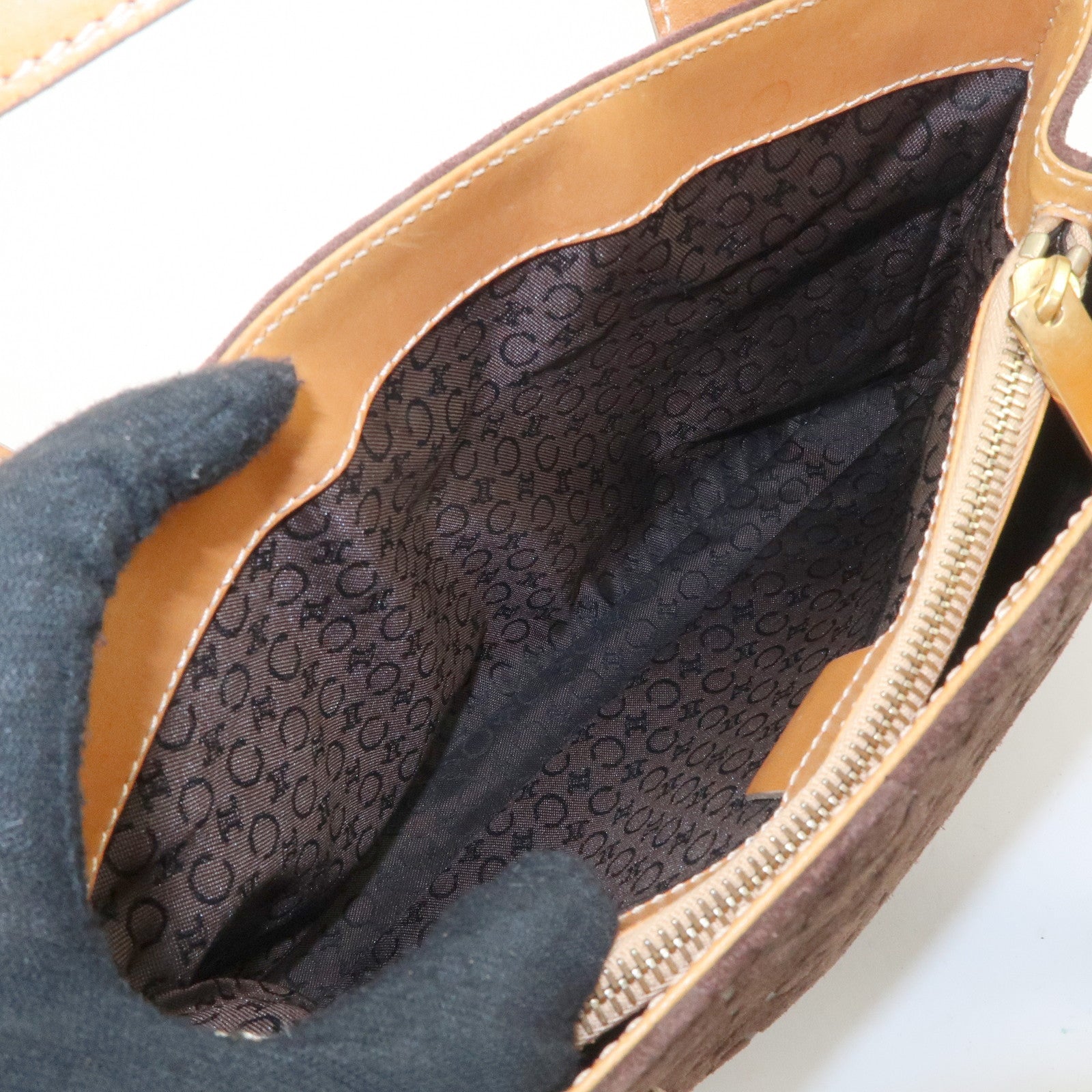 CELINE C Macadam Suede Leather Tote Bag Hand Bag Dark Brown Used