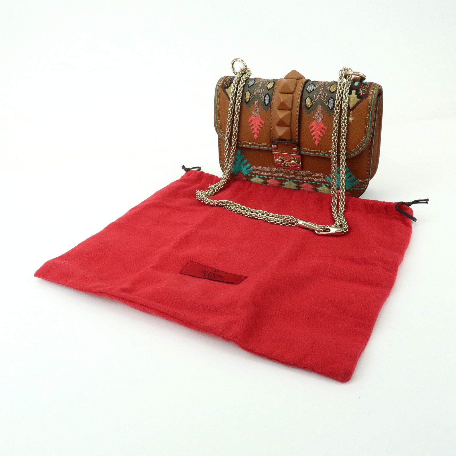 VALENTINO Glam Lock Embroidery Leather Chain Shoulder Bag Brown