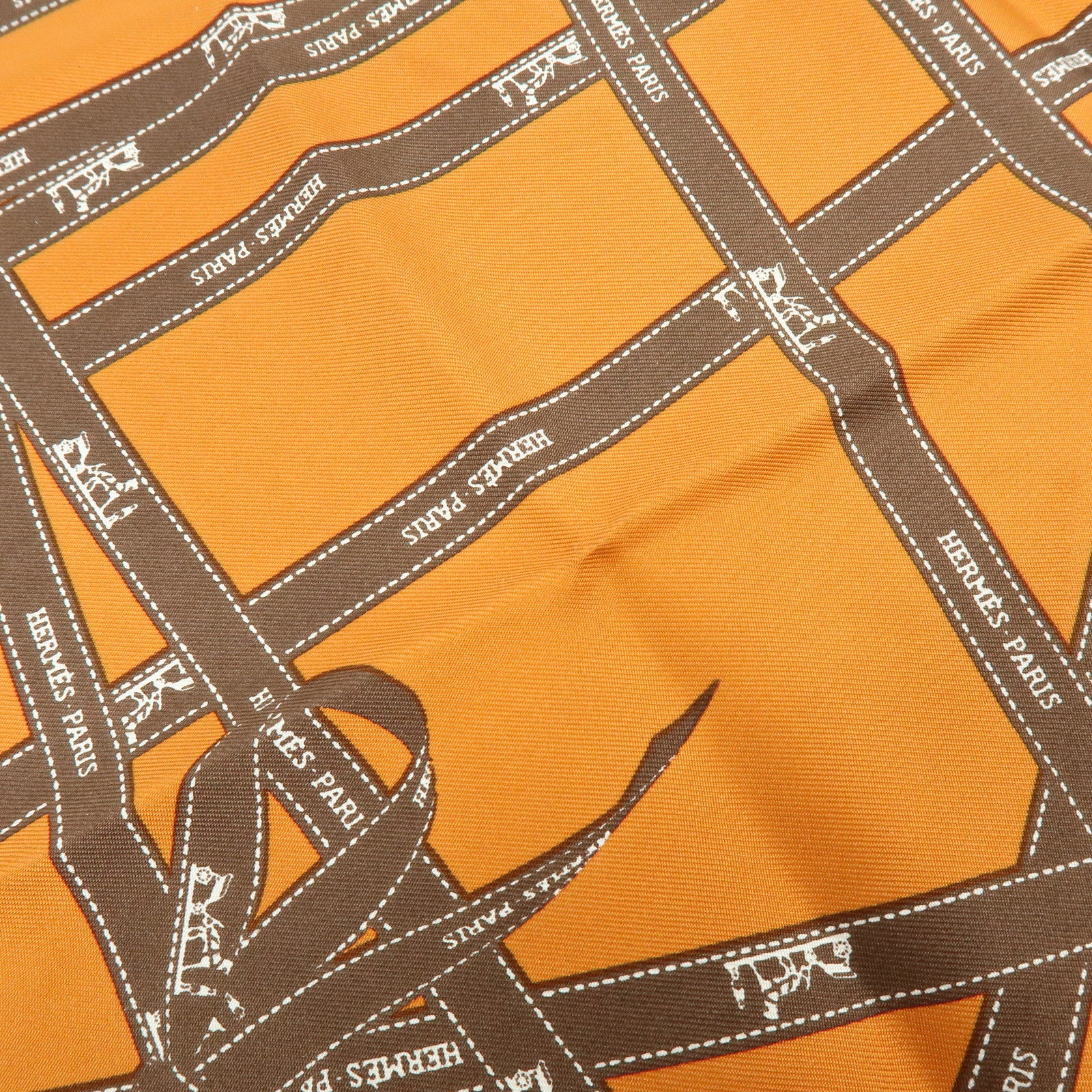 HERMES Carre 45 Bolduc Silk 100% Scarf Ribbon Pattern Orange Brown