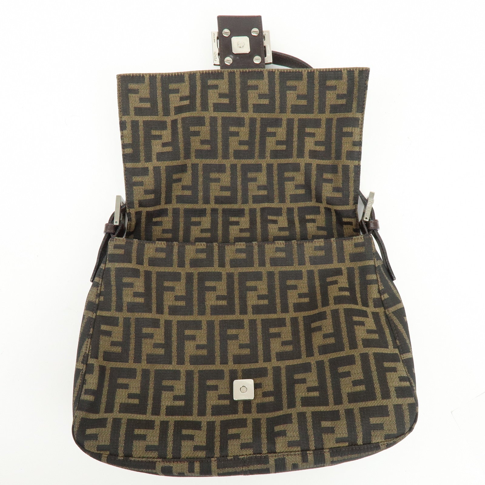 FENDI Mamma Baguette Jacquard Canvas Leather Shoulder Bag Brown 26325