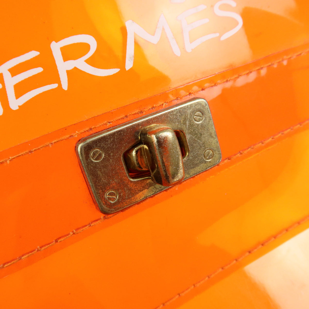 HERMES Vinyl Kelly Clear Hand Bag Transparent Orange