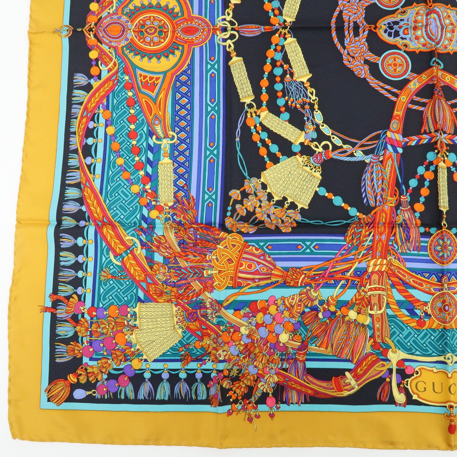GUCCI Silk 100% Scarf Tassel Motif Black Yellow Multicolor