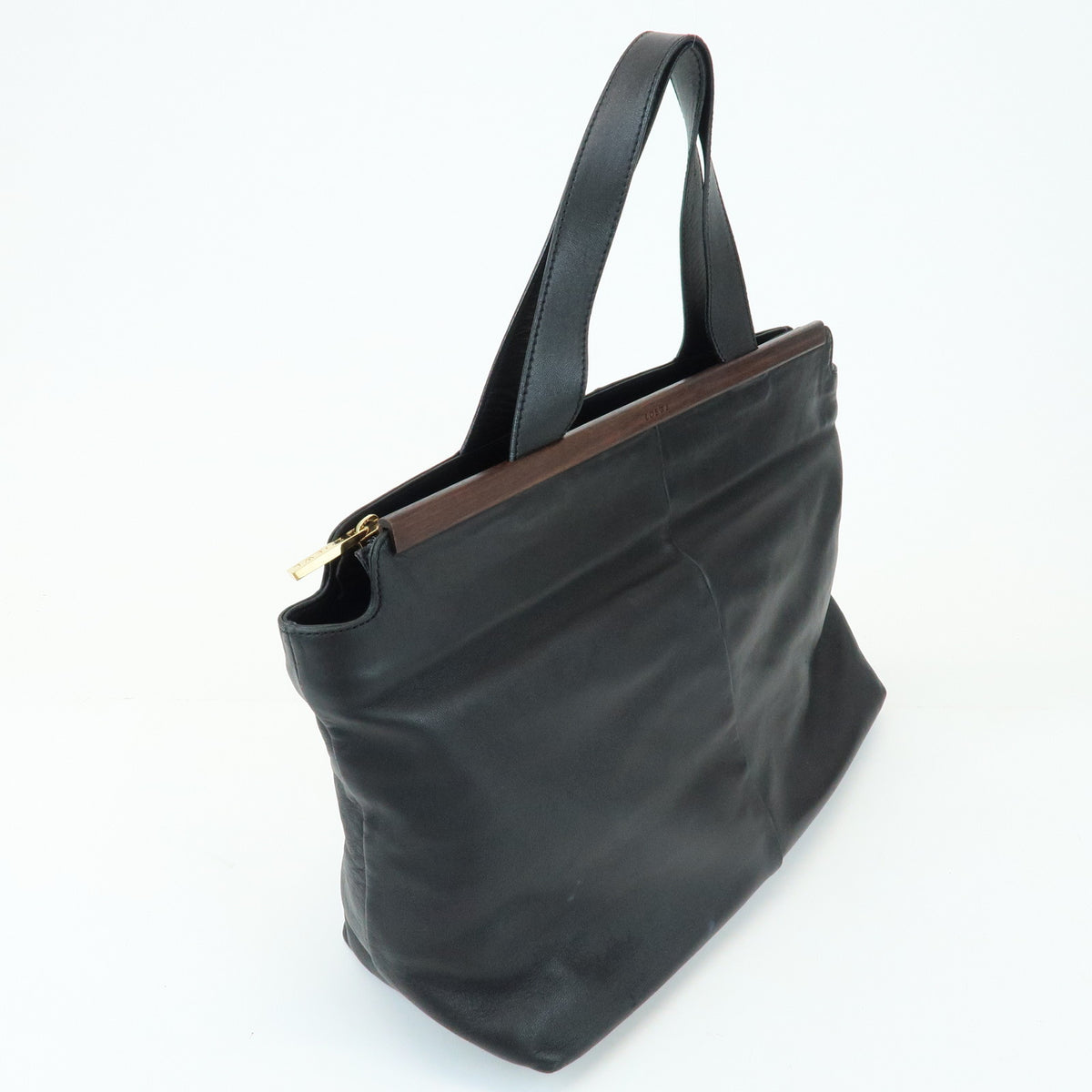 LOEWE Nappa Leather Wood Hand Bag Tote Bag Black Brown