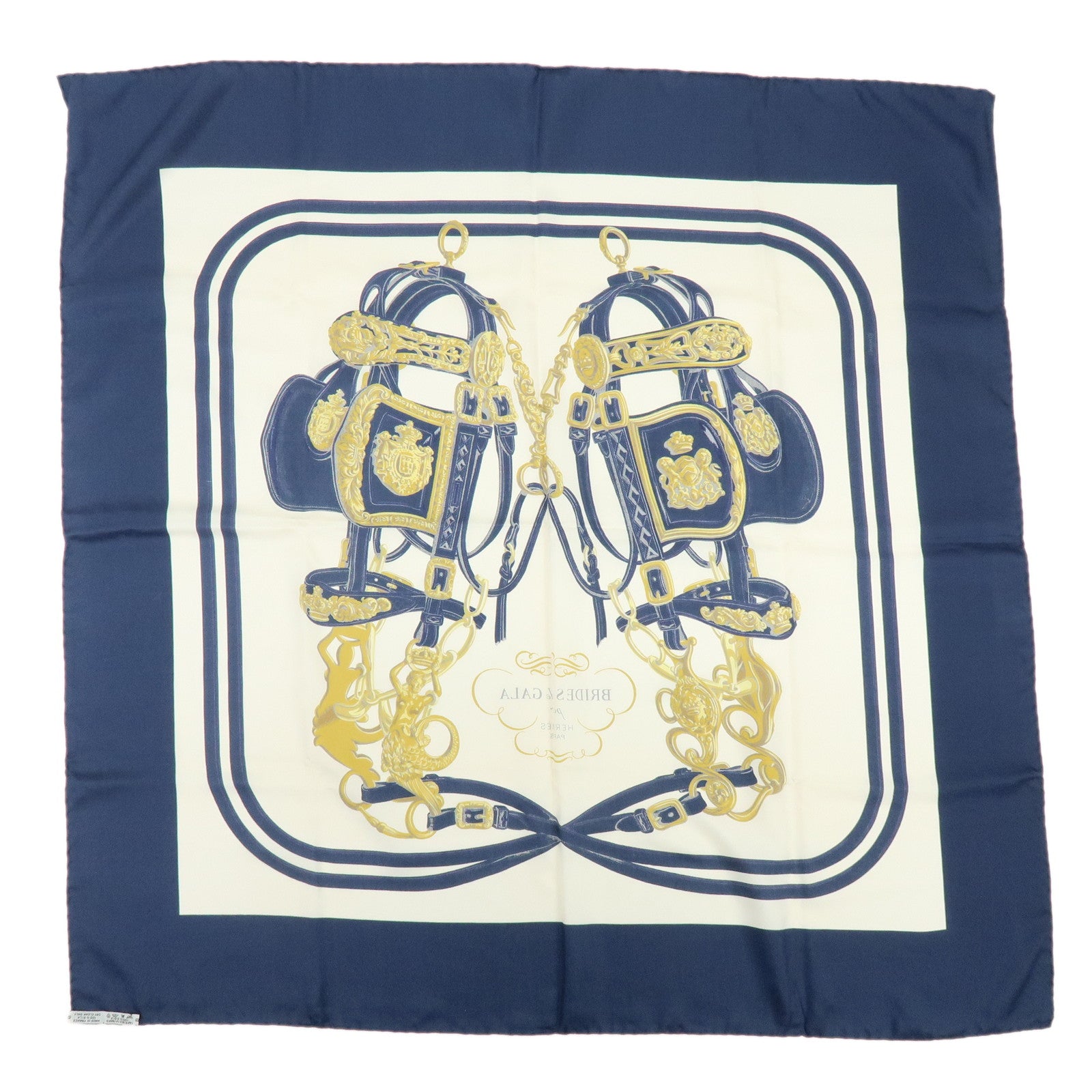 HERMES Carre 90 Silk 100% Scarf BRIDES DE GALA Navy White Gold