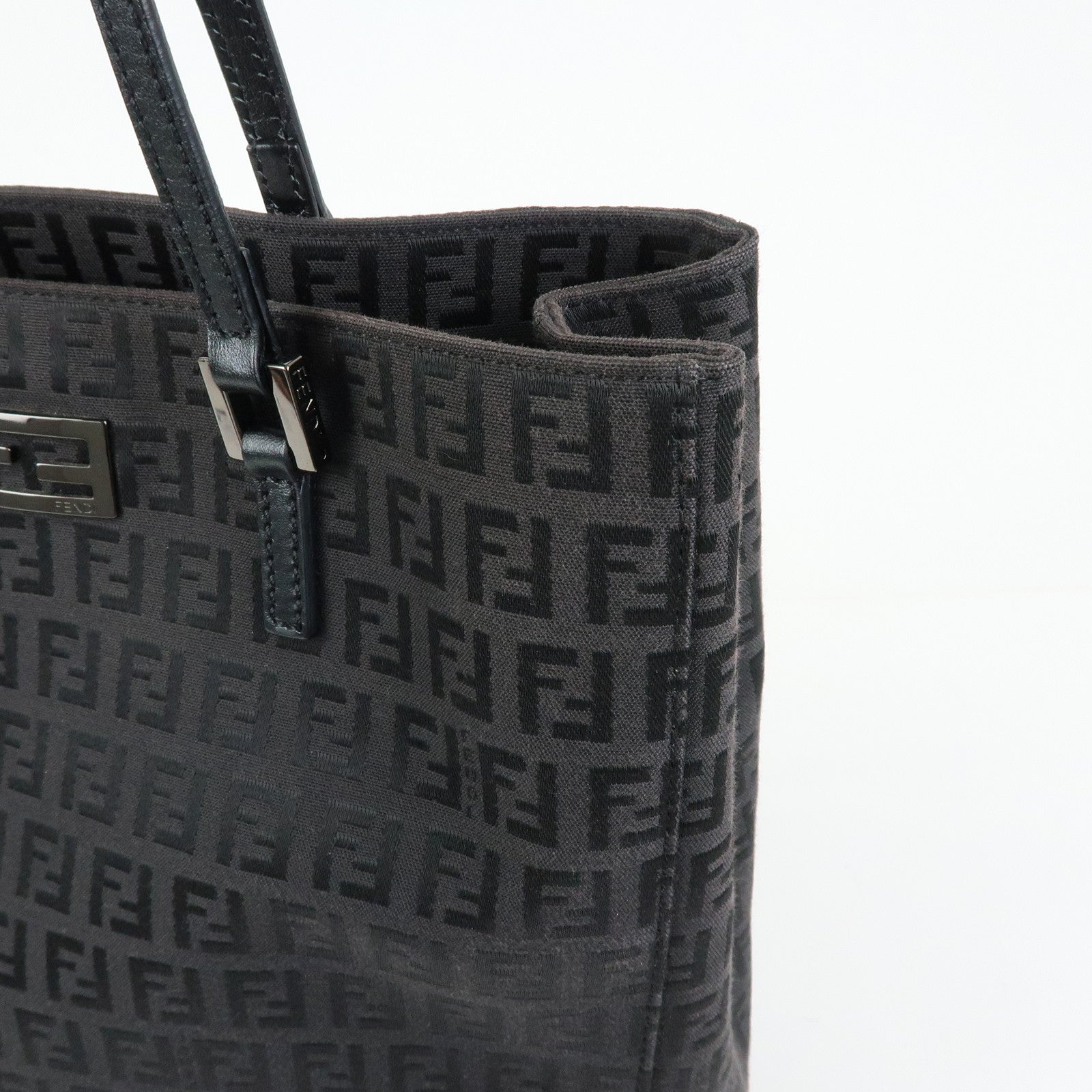 FENDI Zucchino Canvas Leather Tote Hand Bag Black 8BH131
