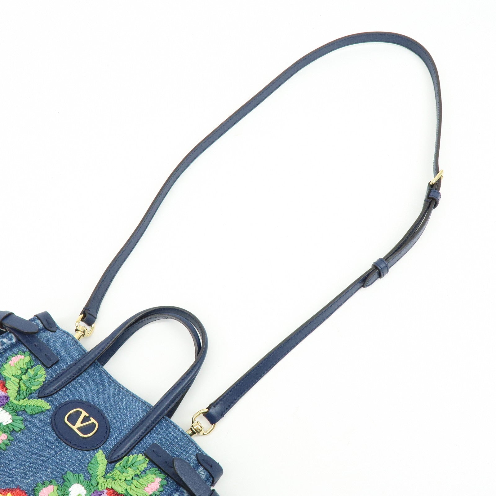 VALENTINO Denim Leather 2Way Hand Shoulder Bag Flower Embroidered
