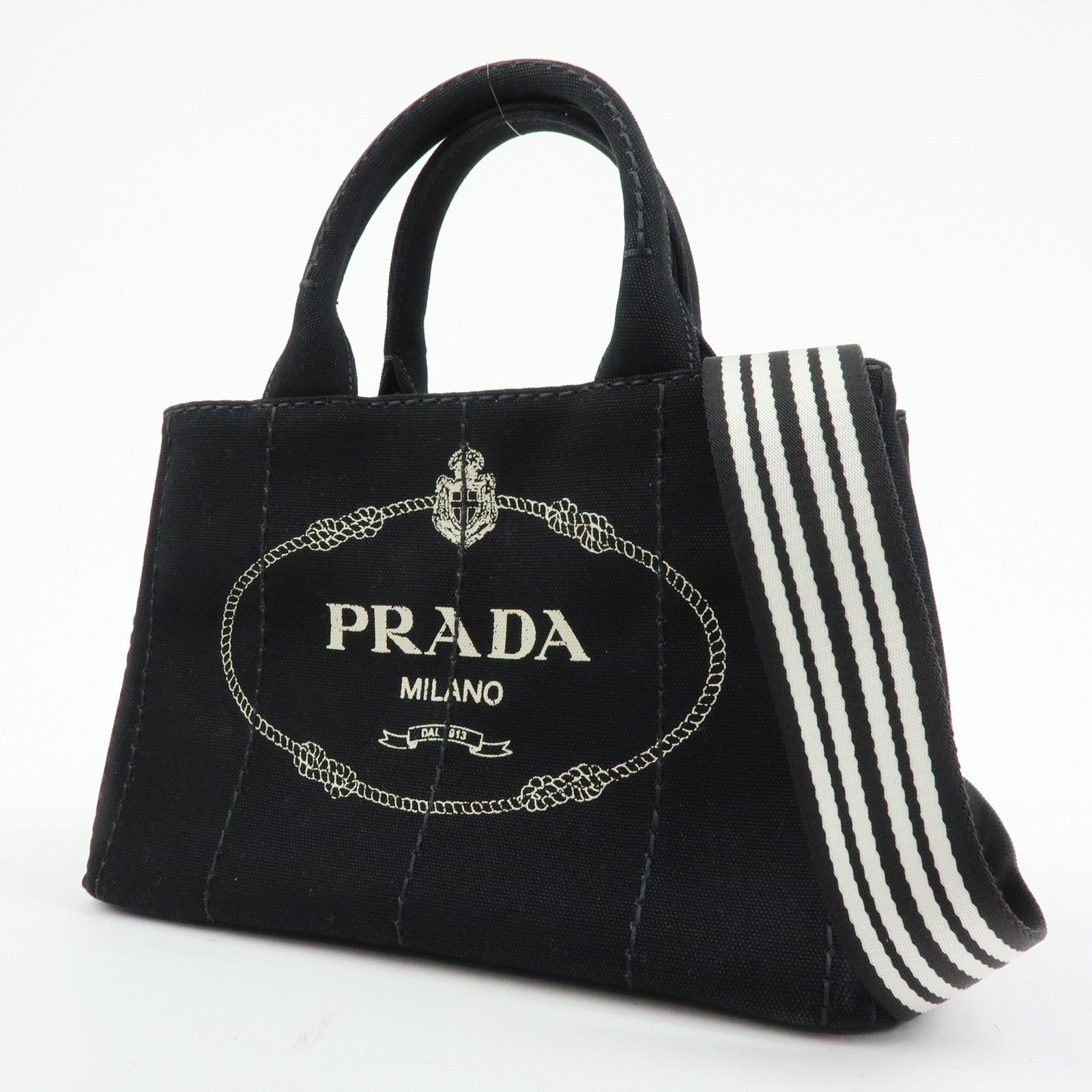 PRADA Triangle Logo Canapa Mini Canvas 2Way Hand Bag Black White 1BG439