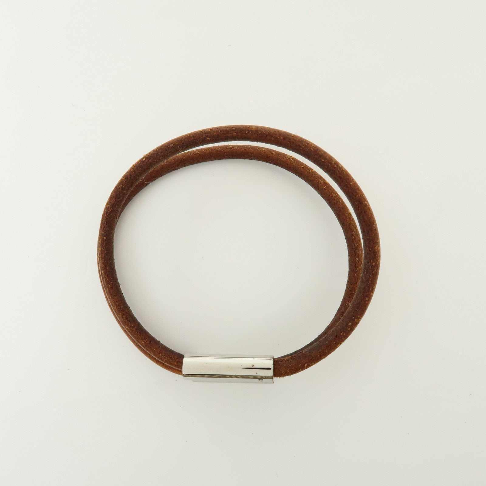 HERMES Leather Metal Tournis Tresse Bracelet Brown Silver