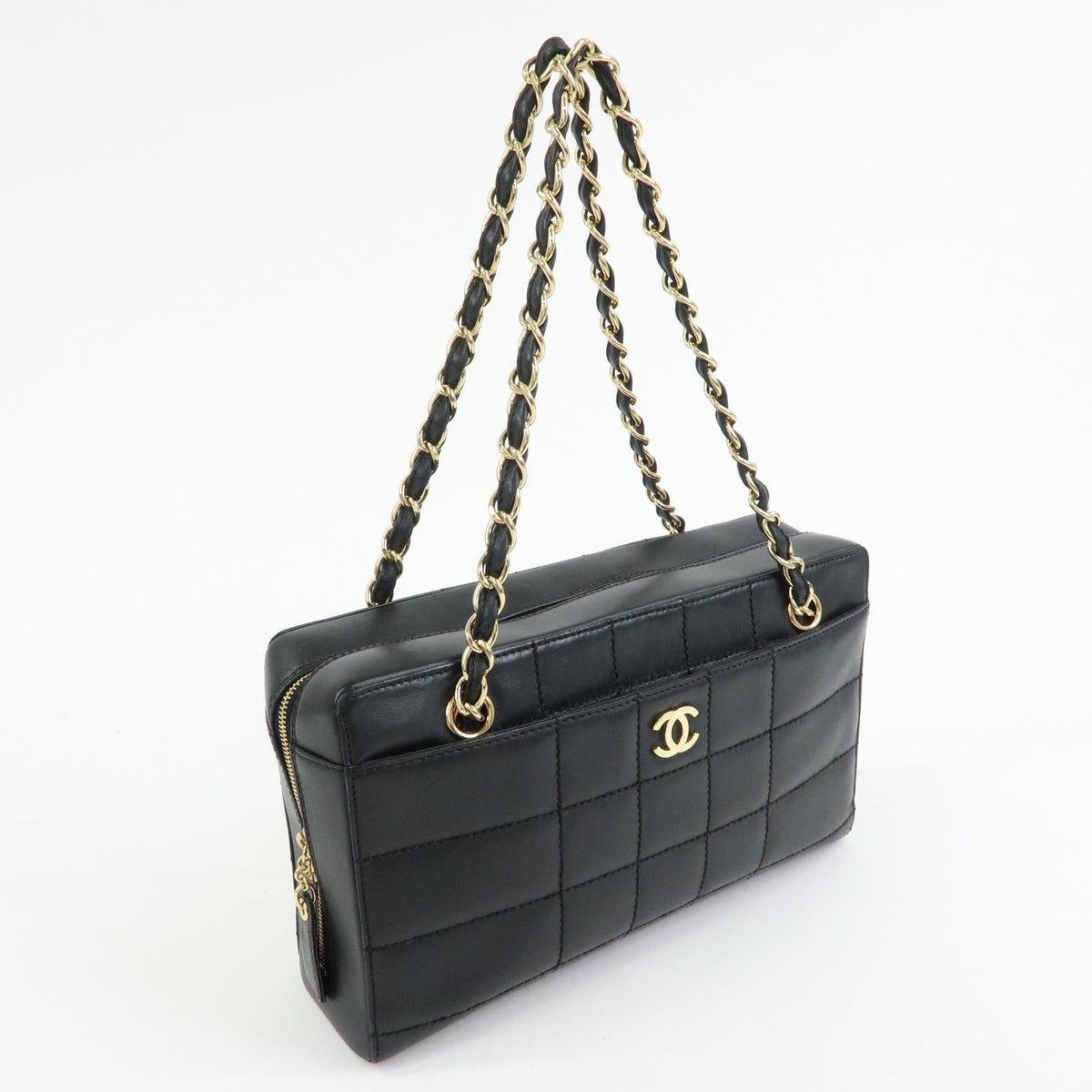 CHANEL Chocolate Bar Calf Skin Chain Shoulder Bag Hand Bag Black