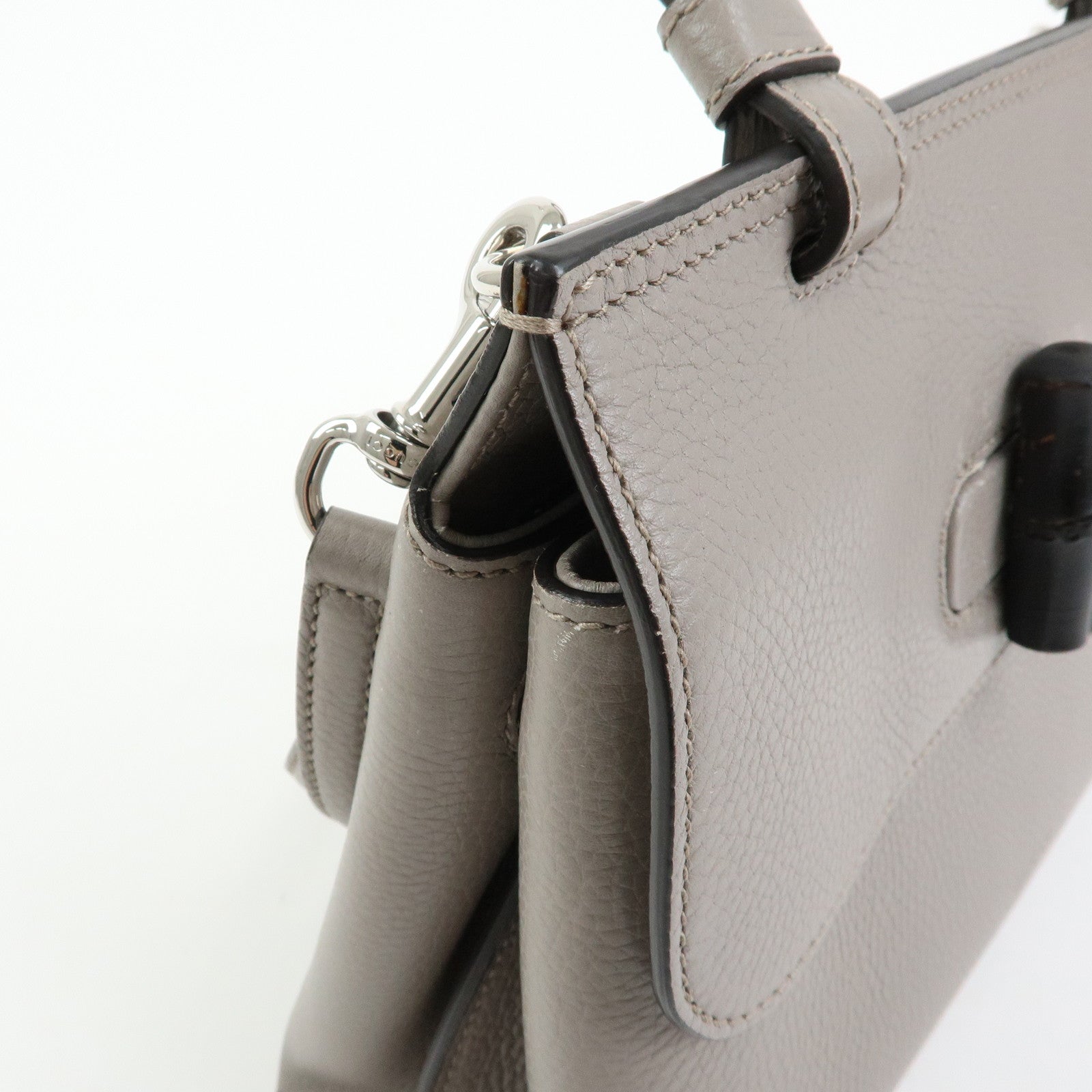 GUCCI Bamboo Leather 2Way Bag Hand Bag Shoulder Bag Grey 370831