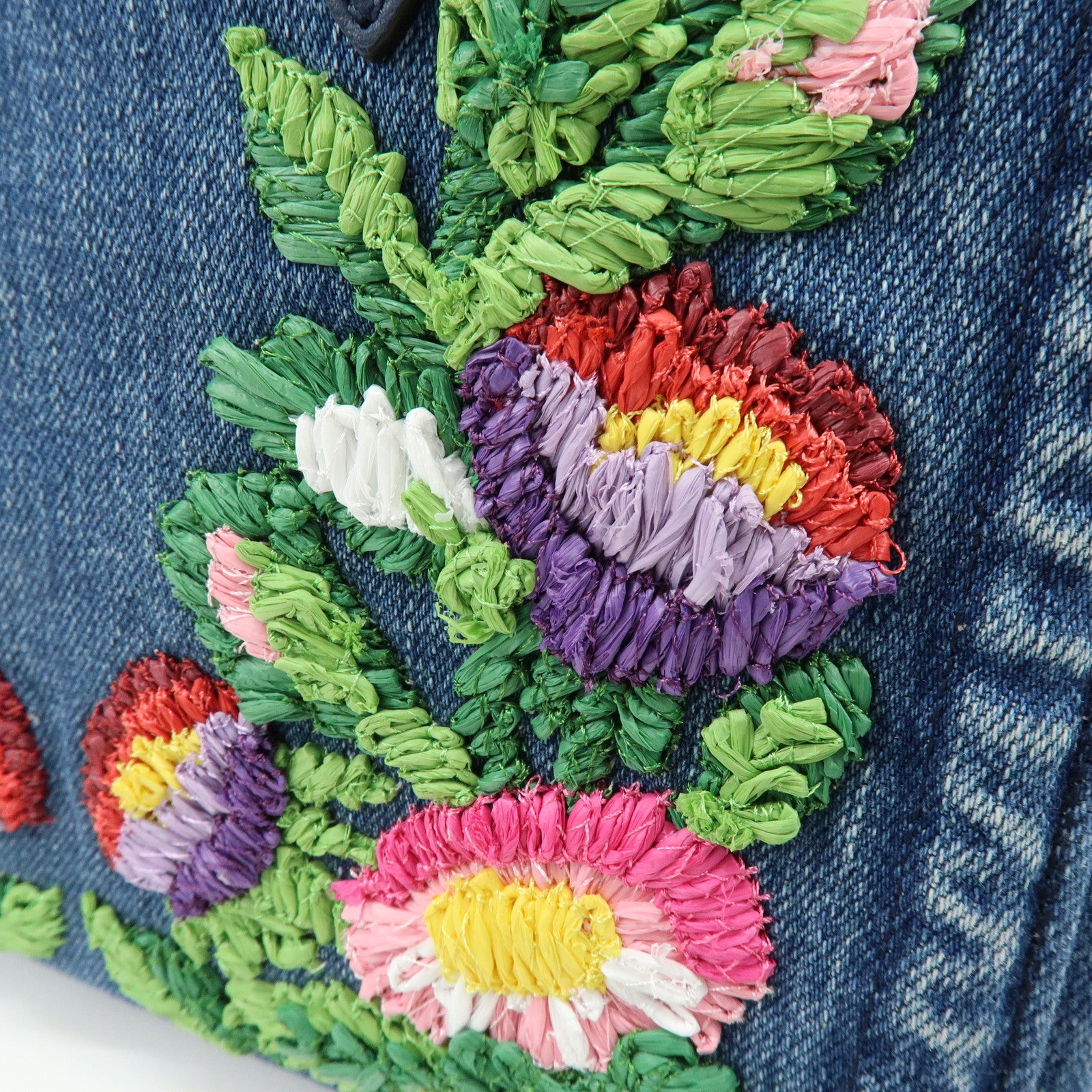 VALENTINO Denim Leather 2Way Hand Shoulder Bag Flower Embroidered